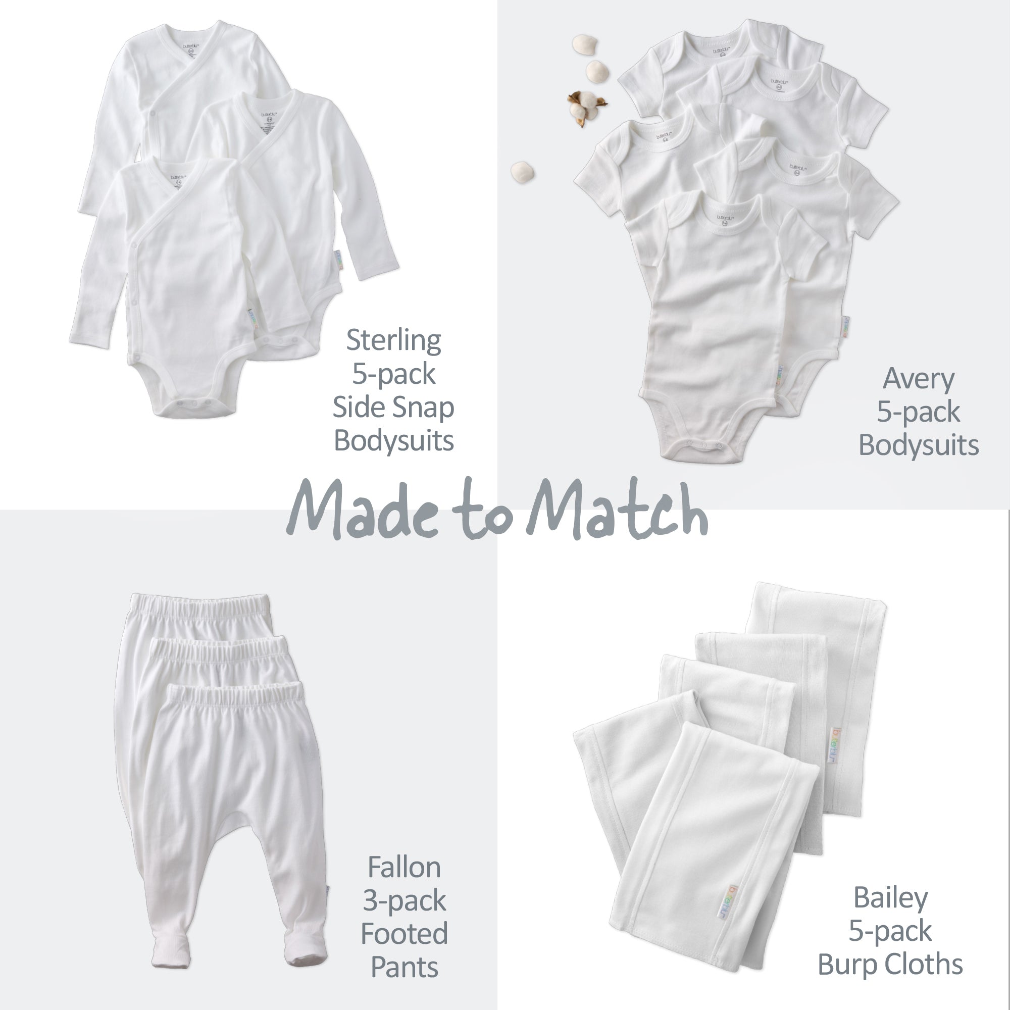 White baby clothing set including bodysuits and pants on a light background.