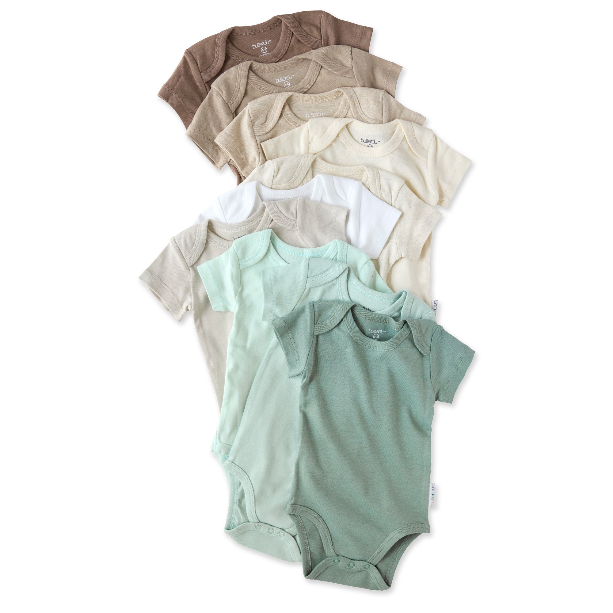 Avery 10-pack short sleeve bodysuits in Sage Natural Rainbow — organic cotton baby onesies in green and natural tones
