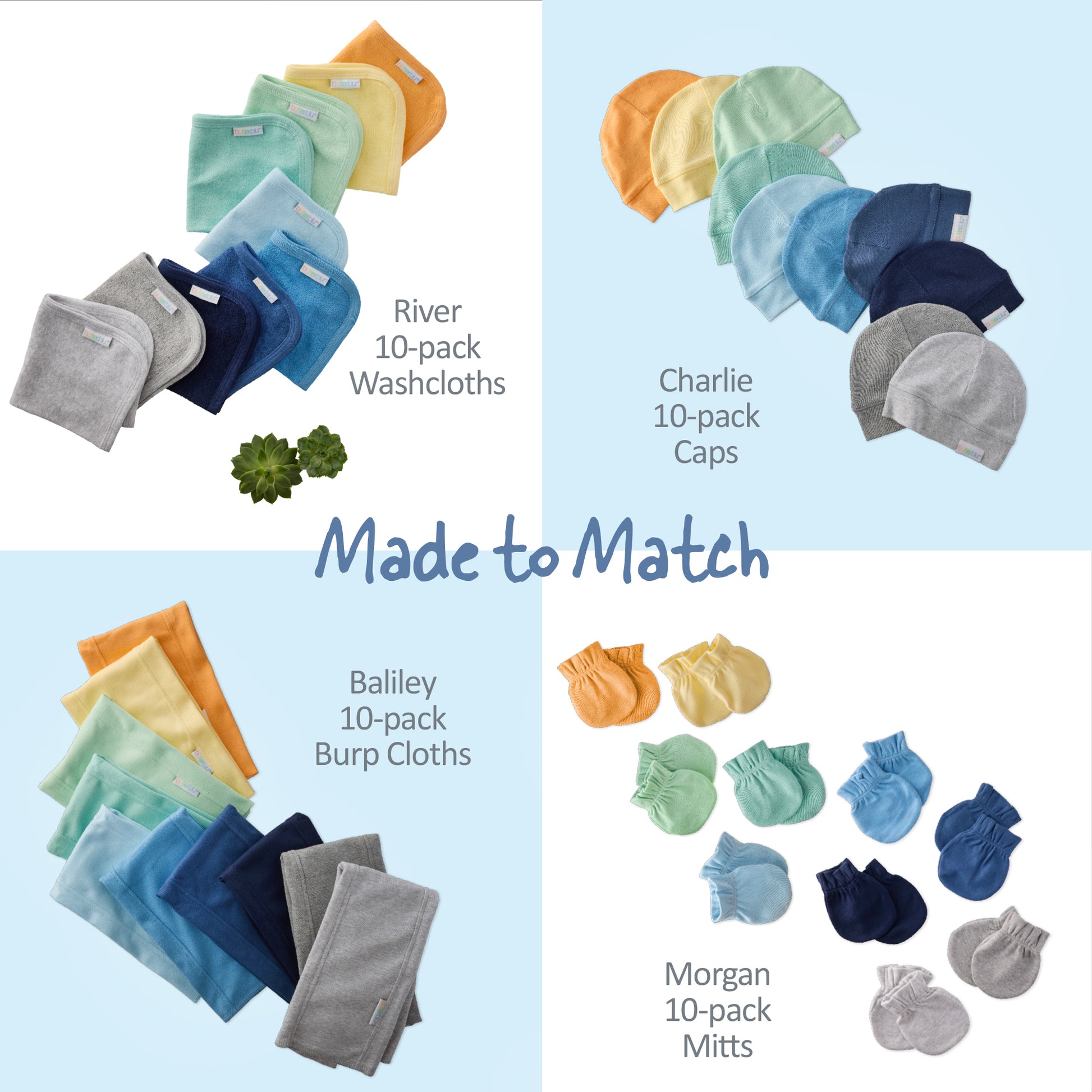 Collection of baby accessories including washcloths, caps, burp cloths, and mitts in various colors made to match.