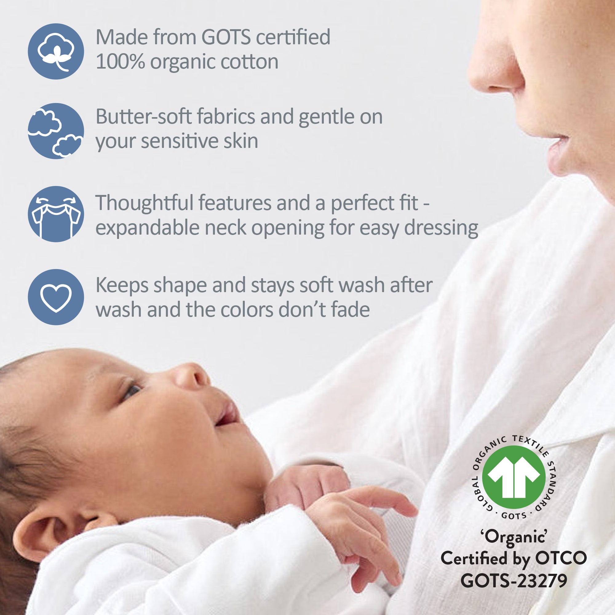 Baby wrapped in organic cotton fabric with product features listed on a light gray background.