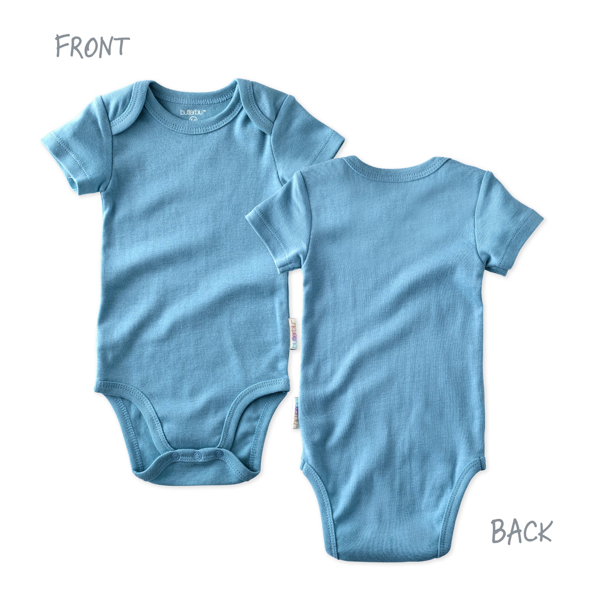 Blue baby onesie shown from front and back on a white background