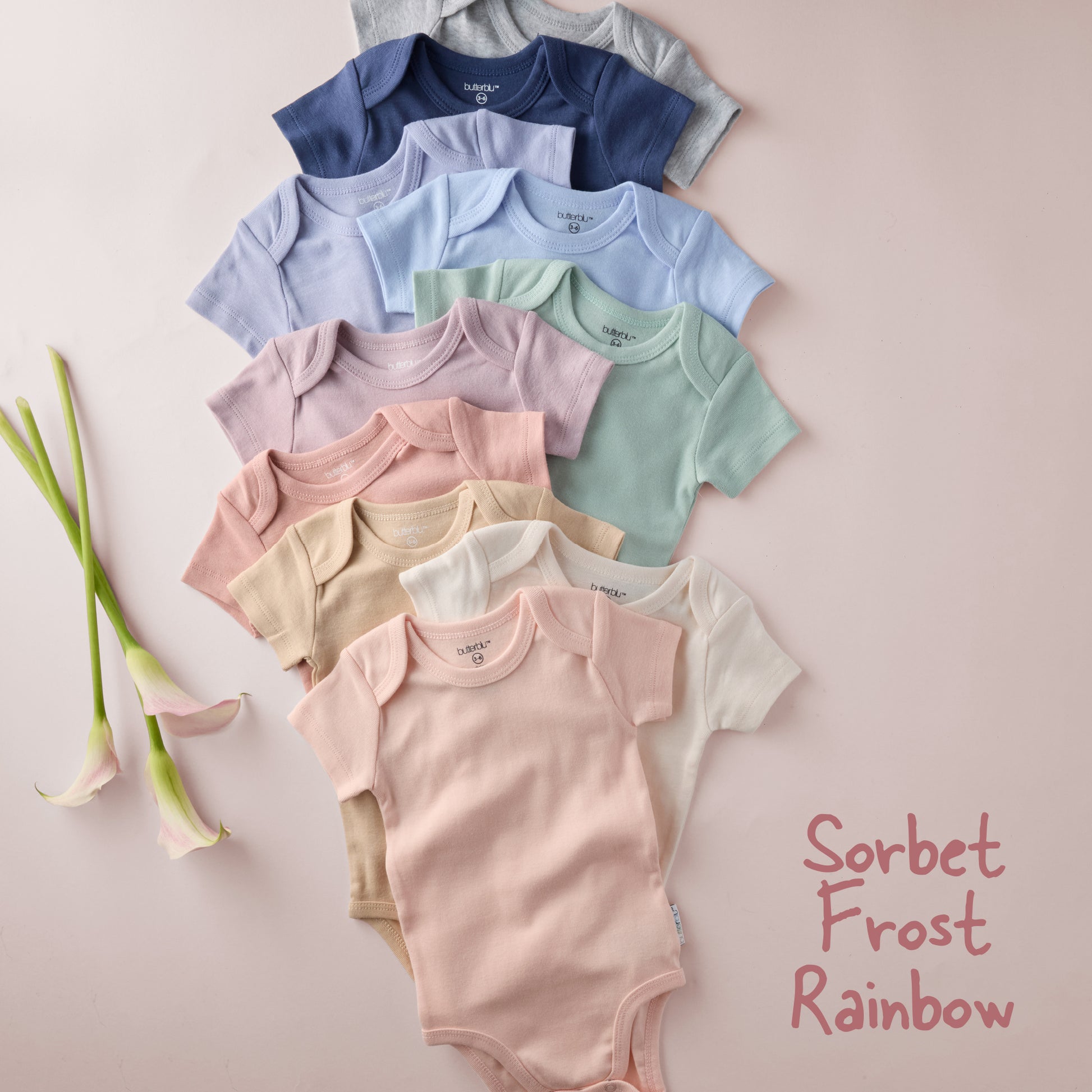 Row of colorful baby bodysuits on a light background with 'Sorbet Frost Rainbow' text.