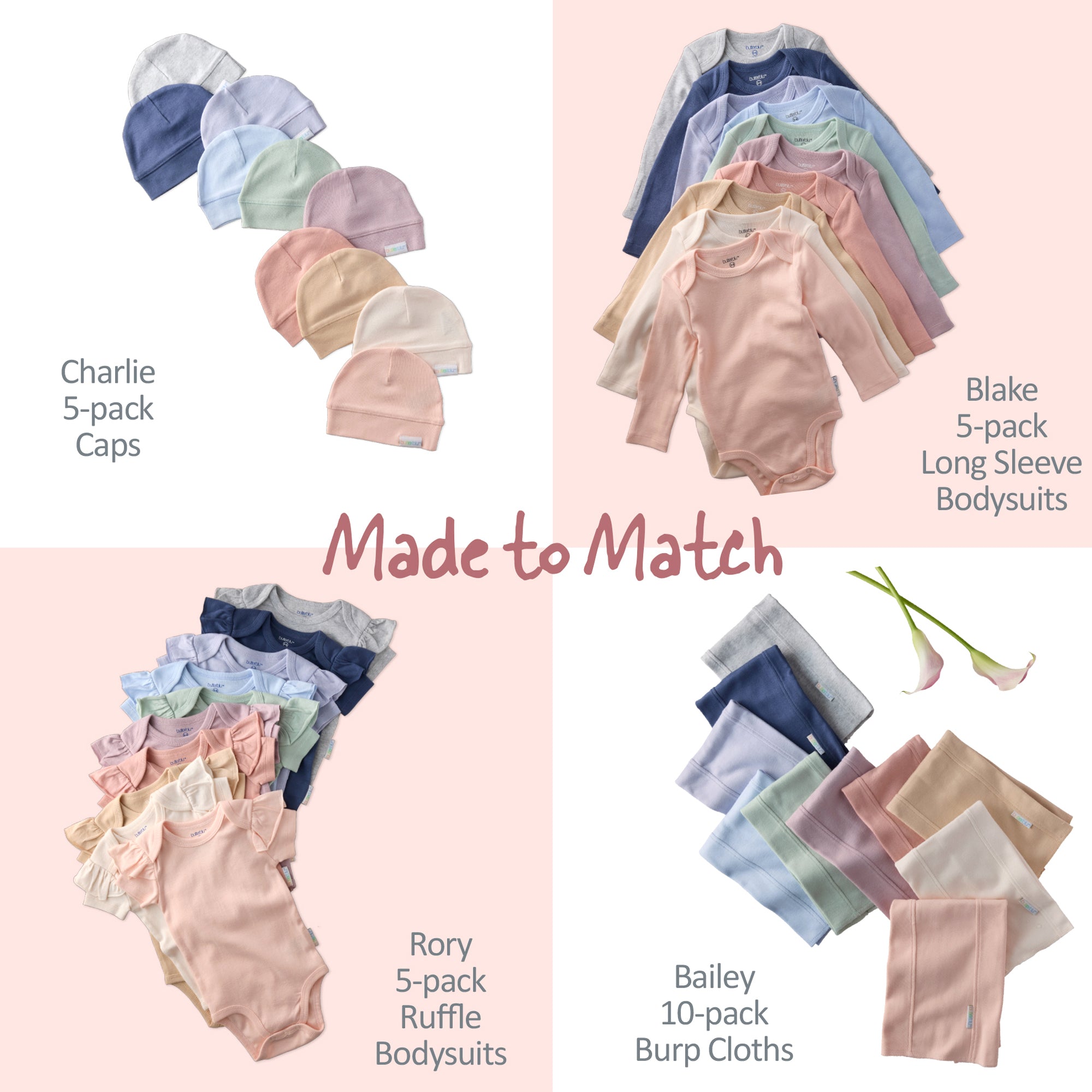 Baby clothing set with caps, ruffle bodysuits, long-sleeve bodysuits, and burp cloths on a pink background.