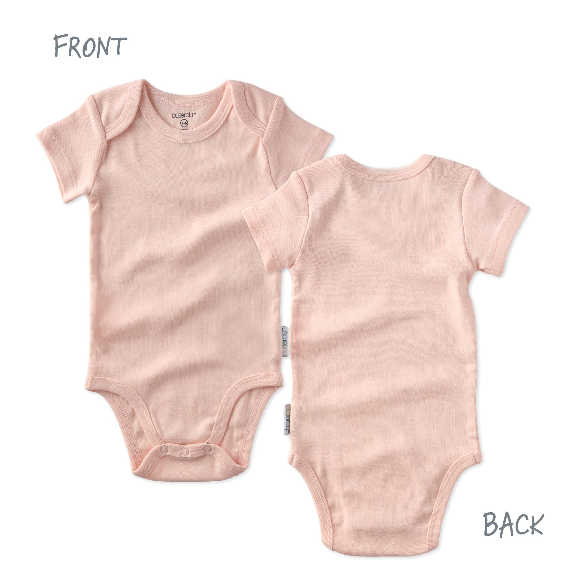 Pink baby onesie shown from front and back on a white background