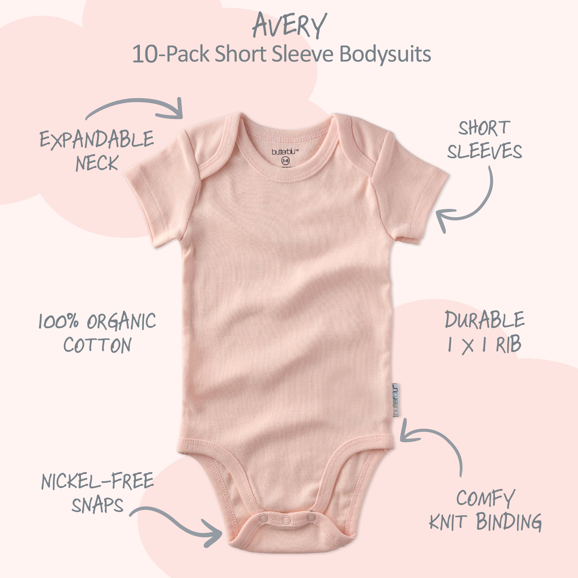 Pink baby bodysuit with features labeled on a white background
