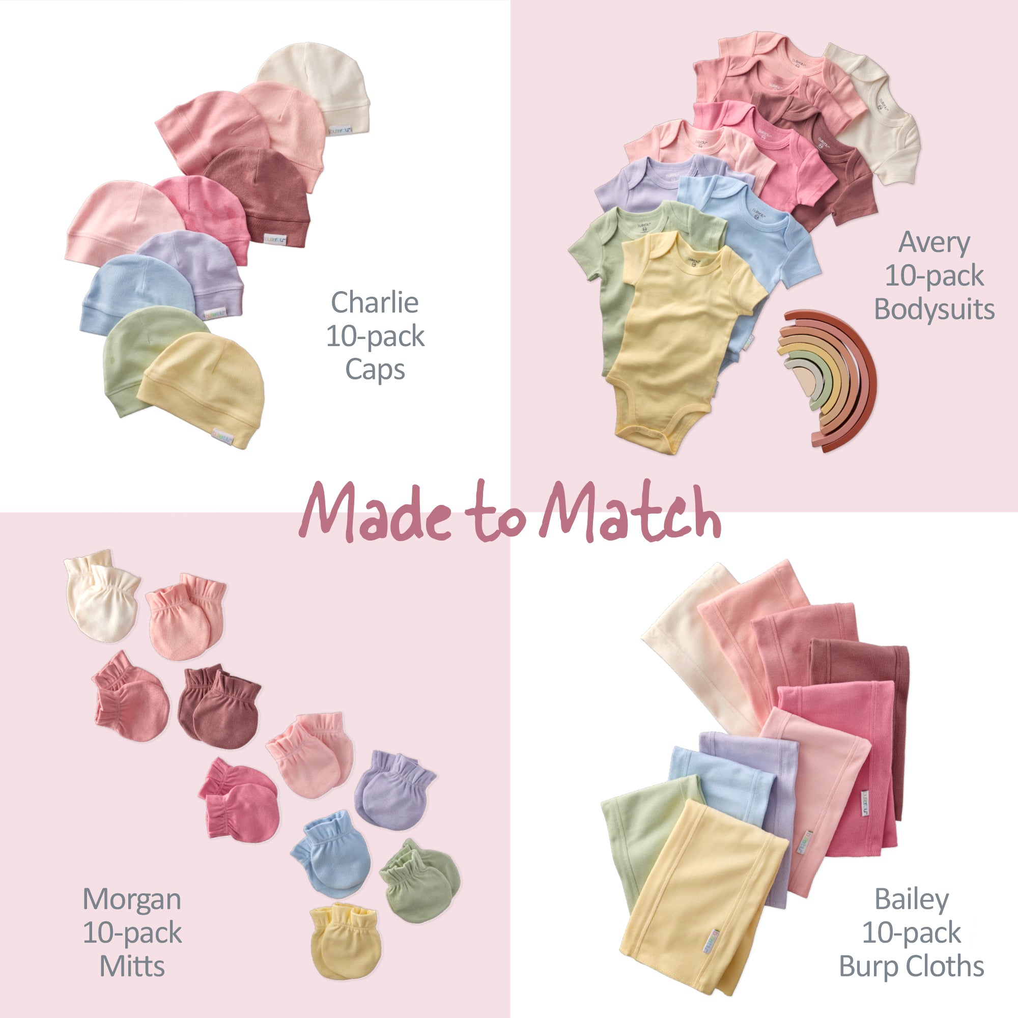 Collection of baby clothing items including caps, bodysuits, mitts, and burp cloths in pastel colors on a pink background.