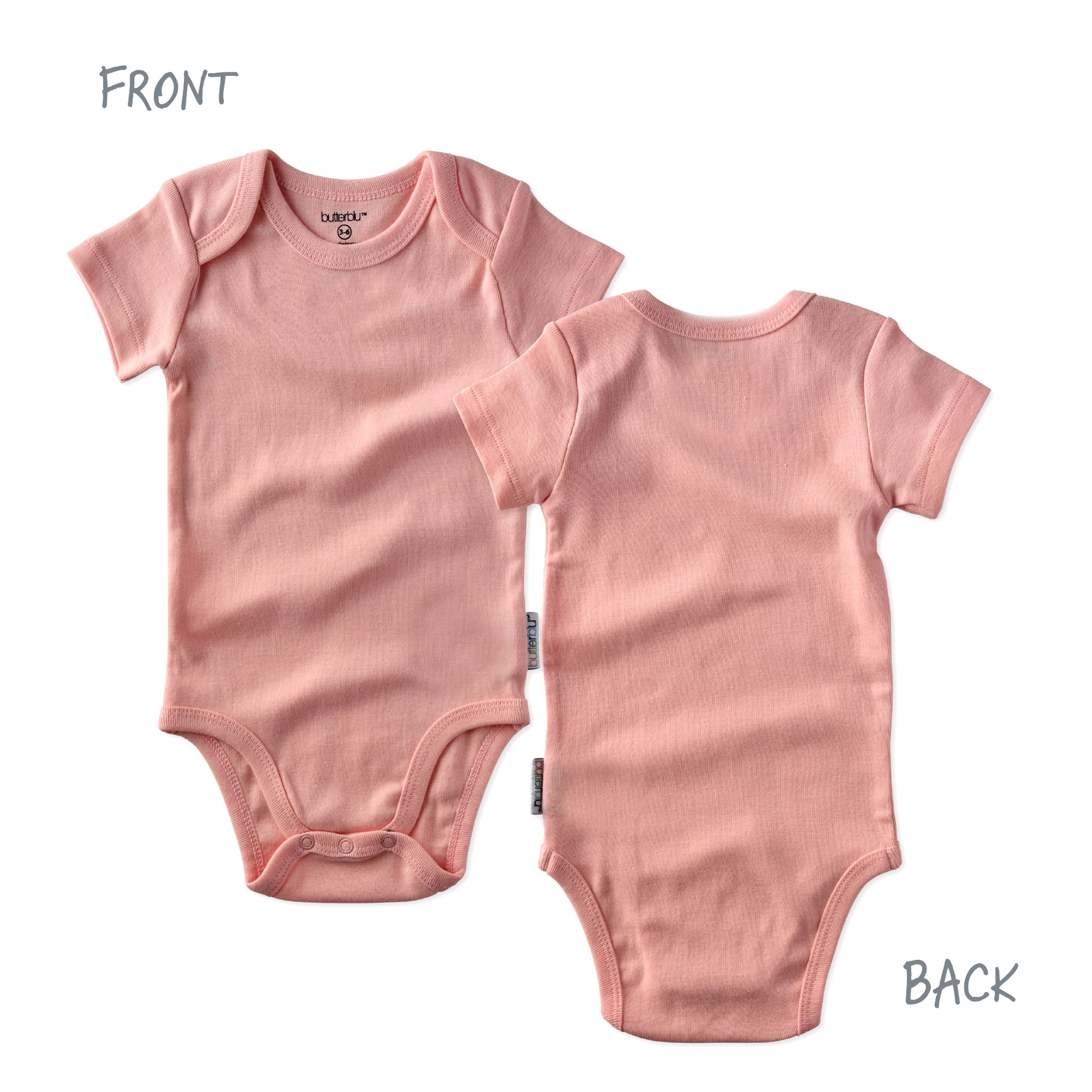 Pink baby onesie shown from front and back on a white background