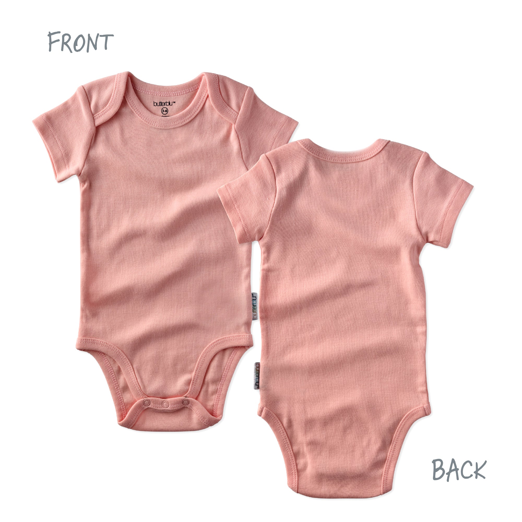 Pink baby onesie shown from front and back on a white background