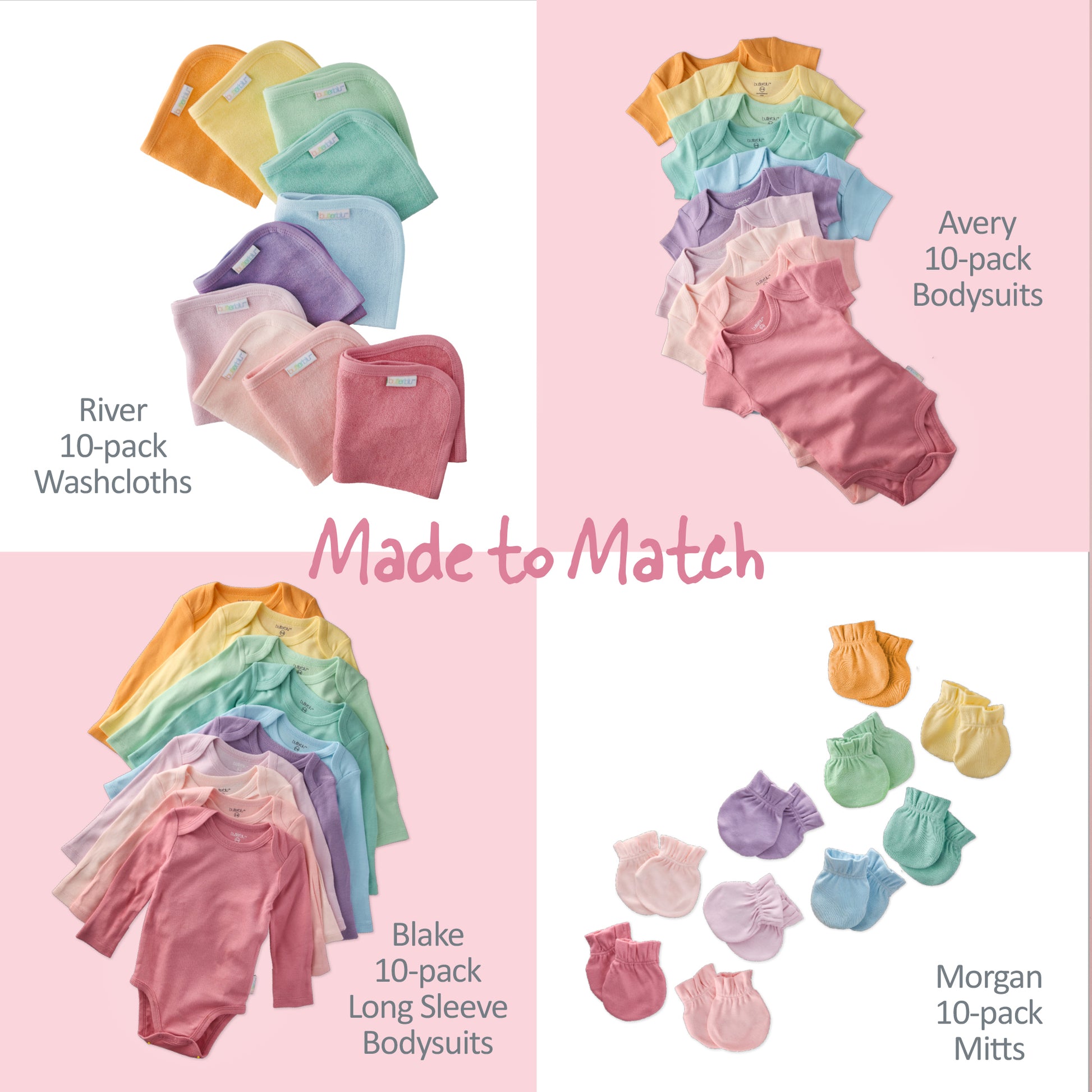 Collection of baby clothing including washcloths, bodysuits, and mitts in various colors on a pink background.