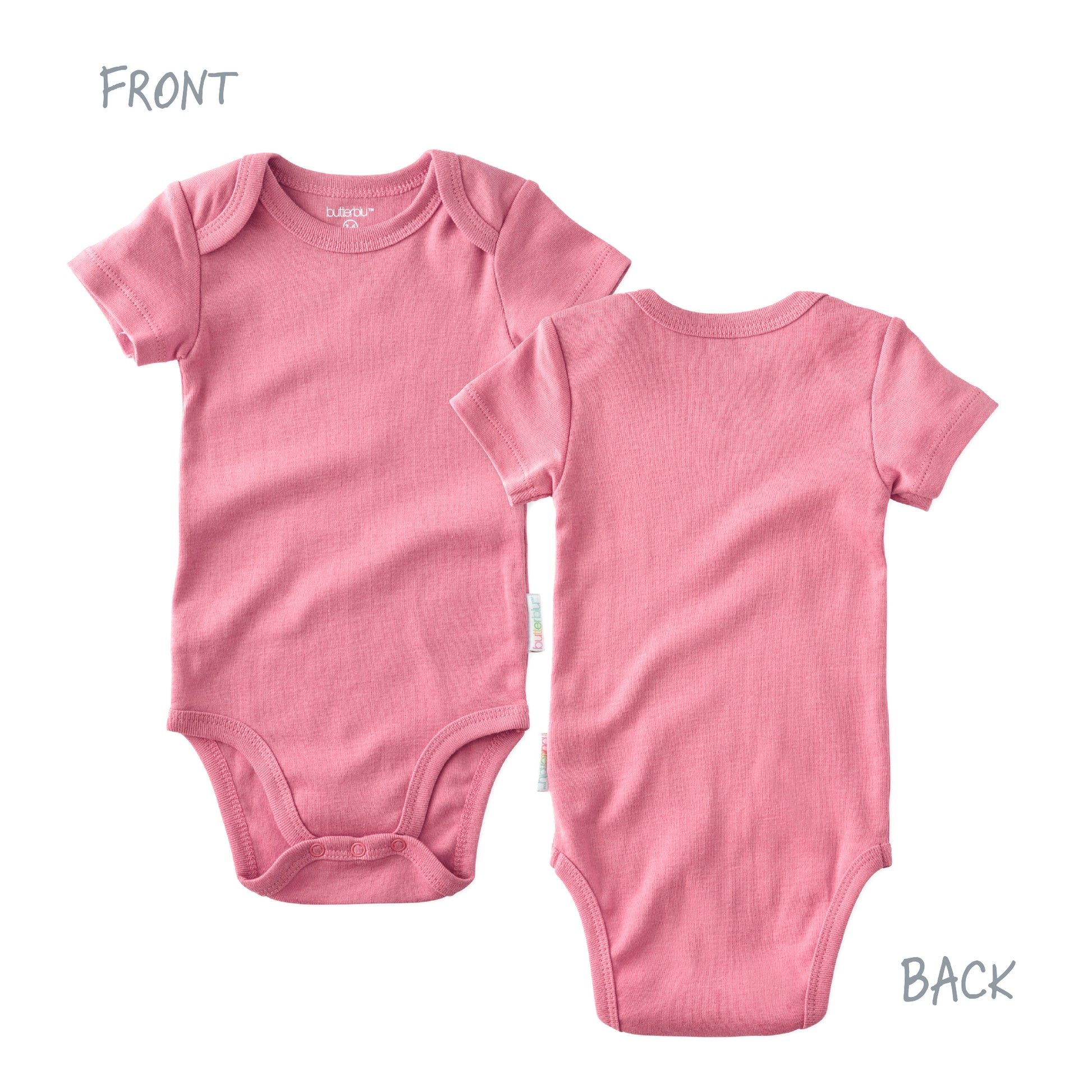 Pink baby onesie shown from front and back on a white background
