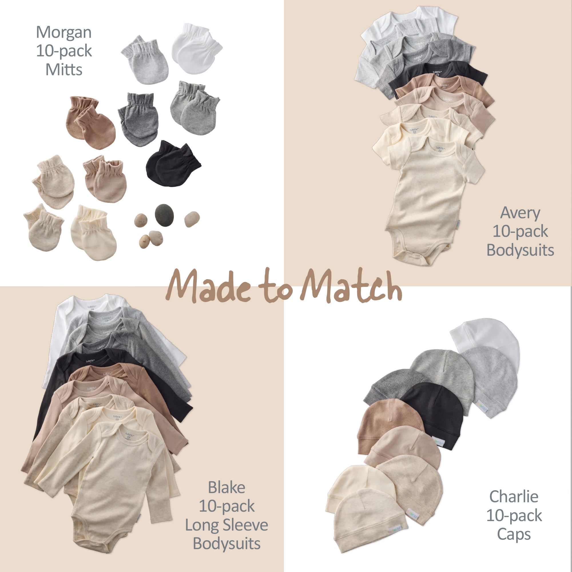 Collection of baby clothing items including mitts, bodysuits, long-sleeve bodysuits, and caps with color matching information.