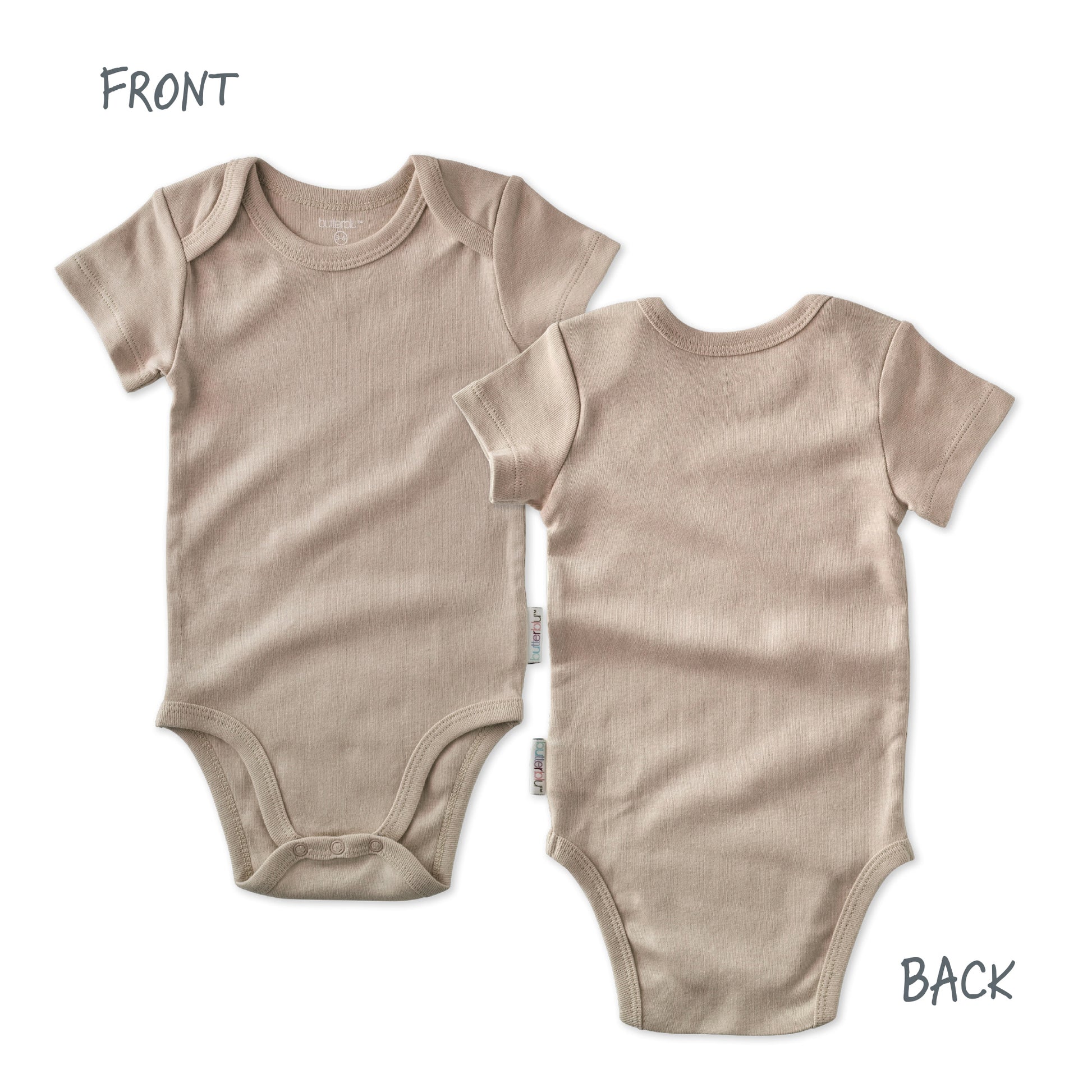 Beige baby bodysuit shown from front and back on a white background