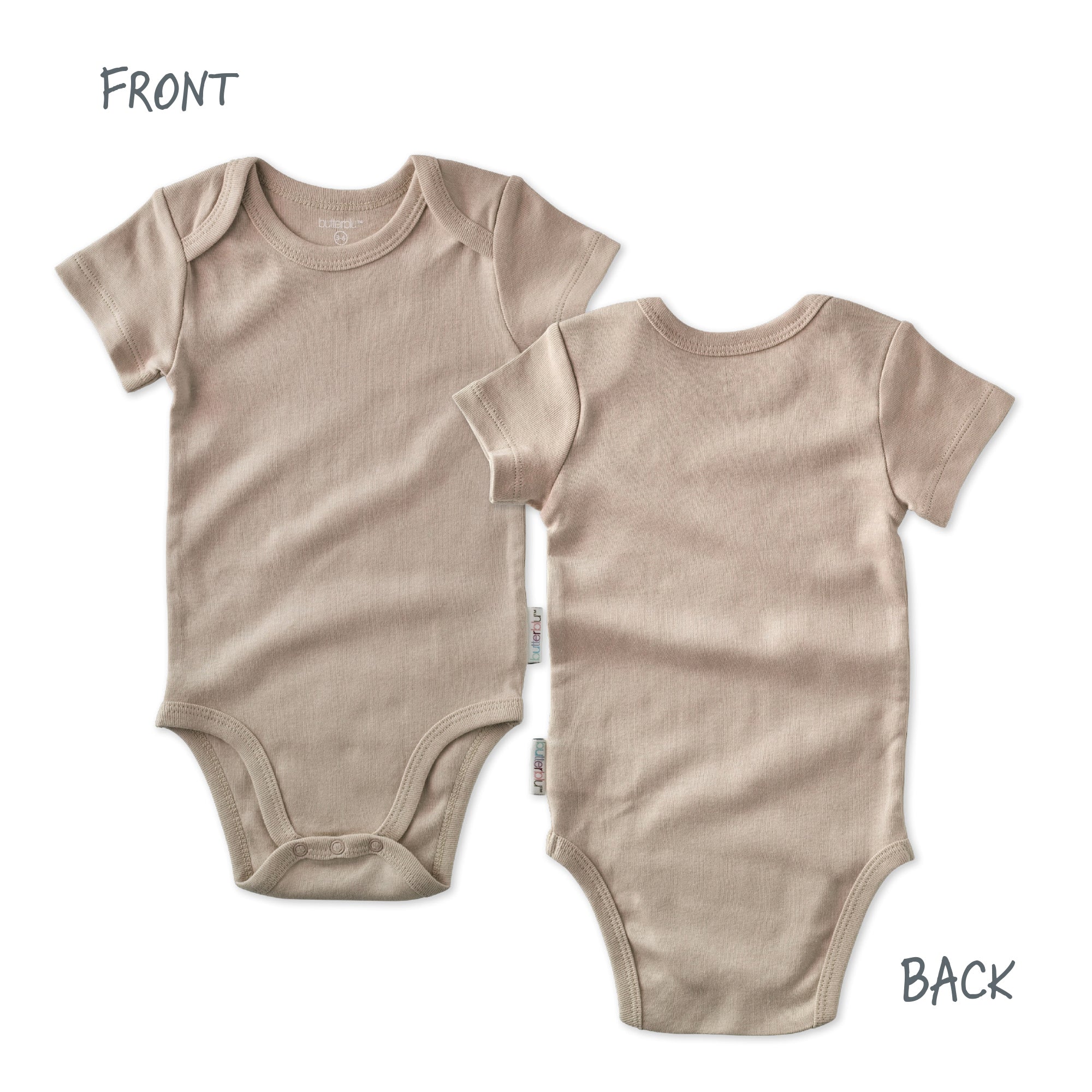 Beige baby bodysuit shown from front and back on a white background