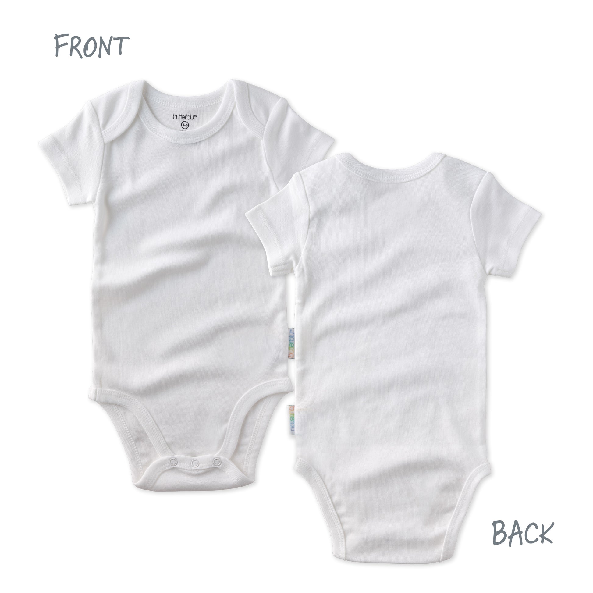 White baby bodysuit shown from front and back on a white background