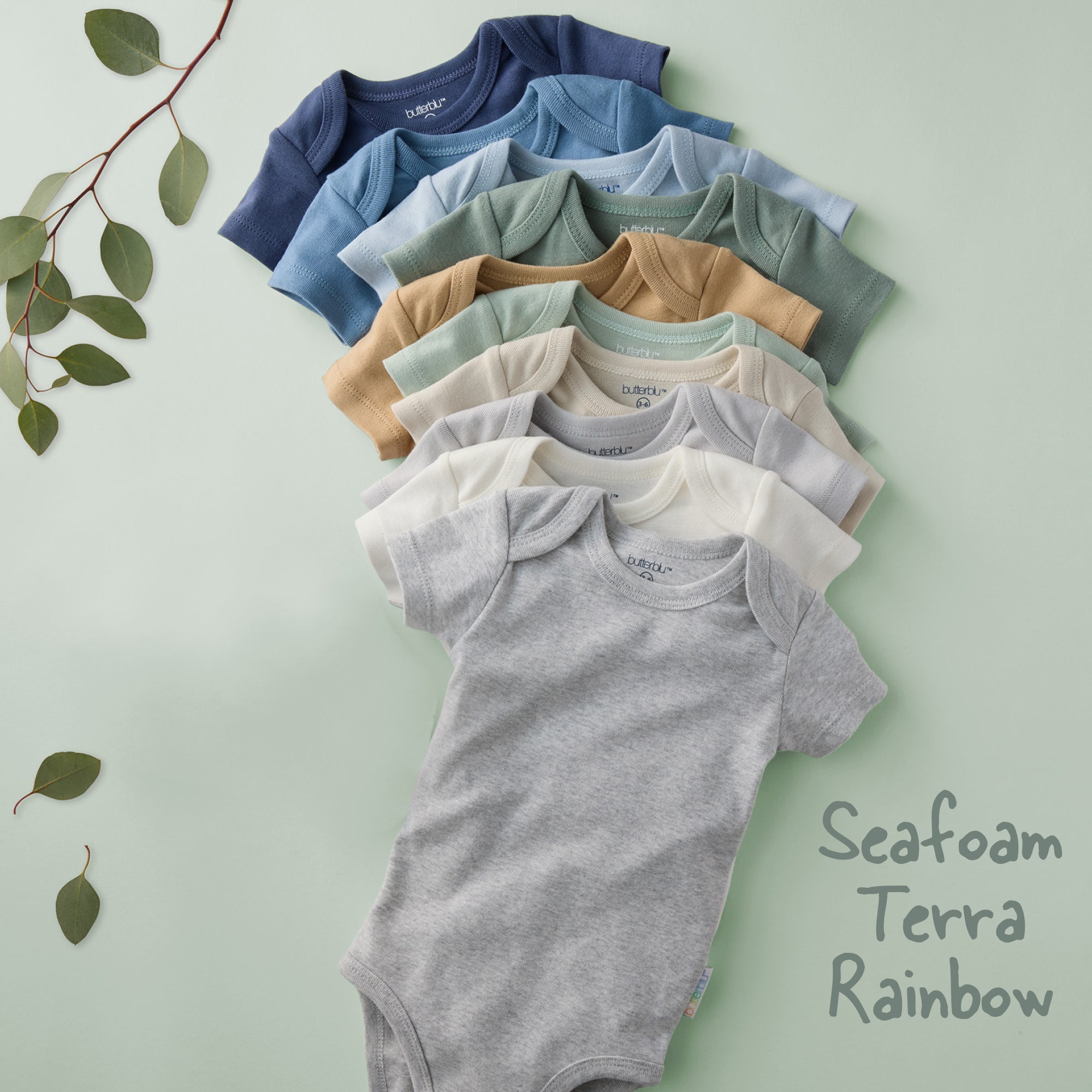 Row of baby bodysuits in various colors on a light green background with leaves.