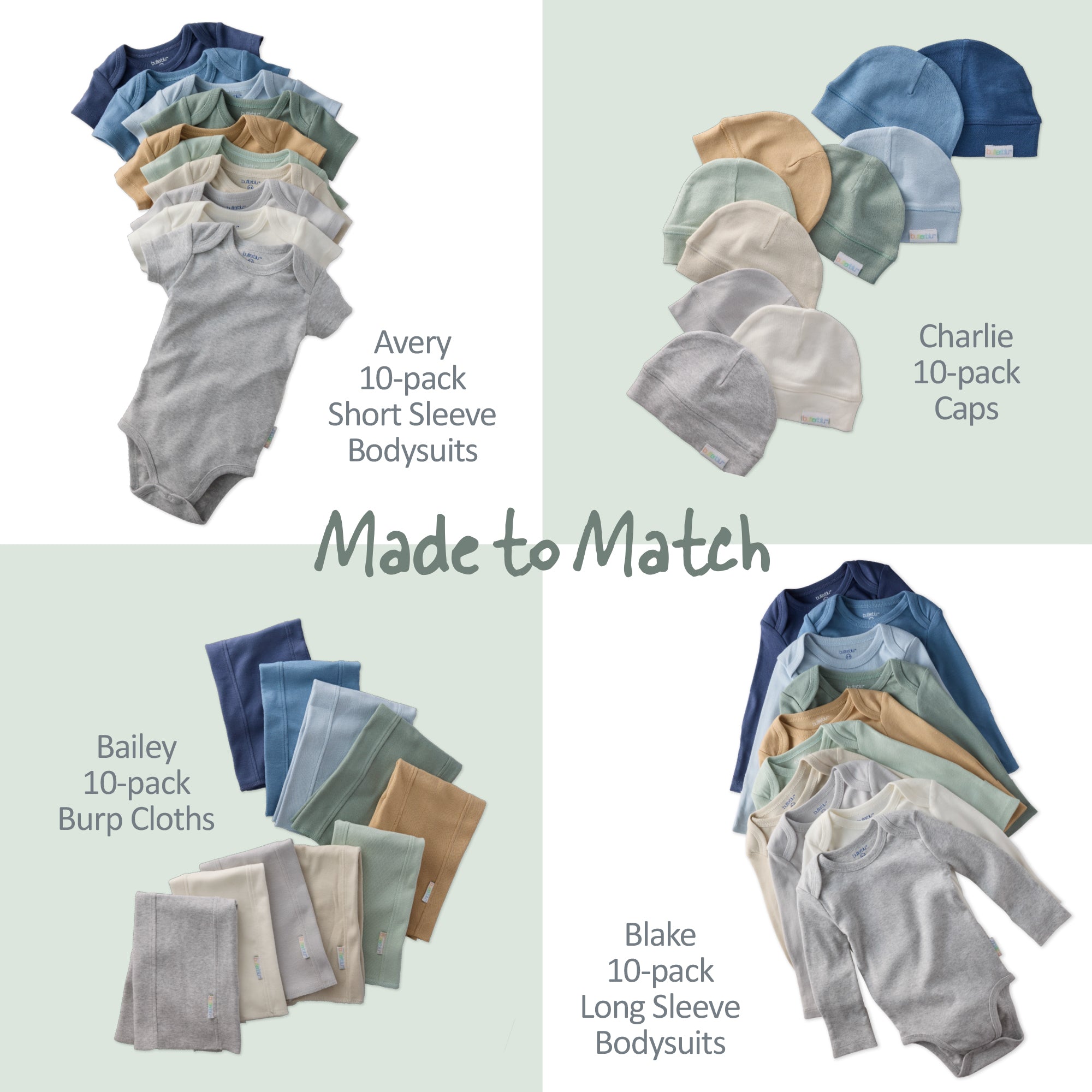 Collection of baby clothing including short sleeve bodysuits, caps, burp cloths, and long sleeve bodysuits on a light green background.