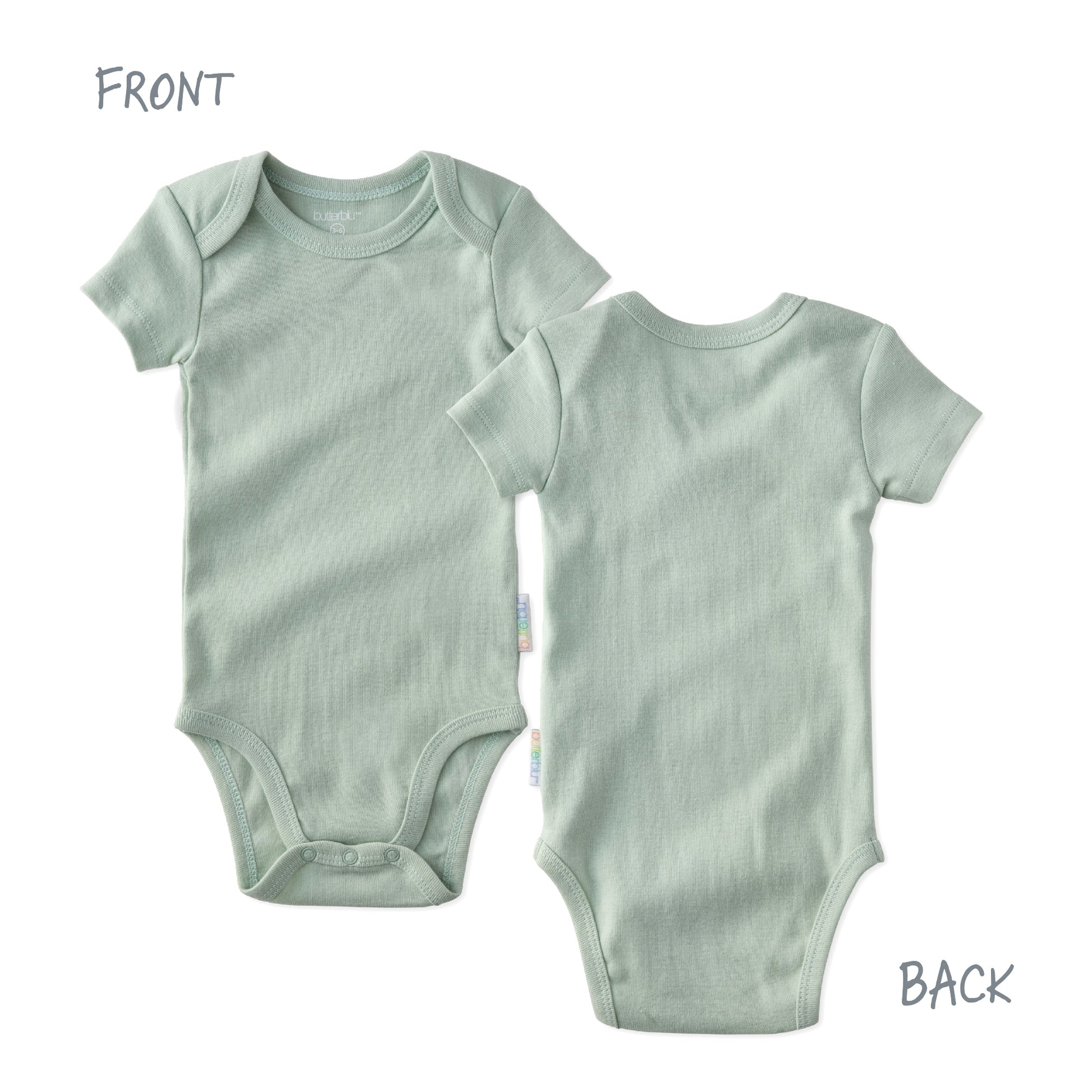 Green baby onesie shown from front and back on a white background