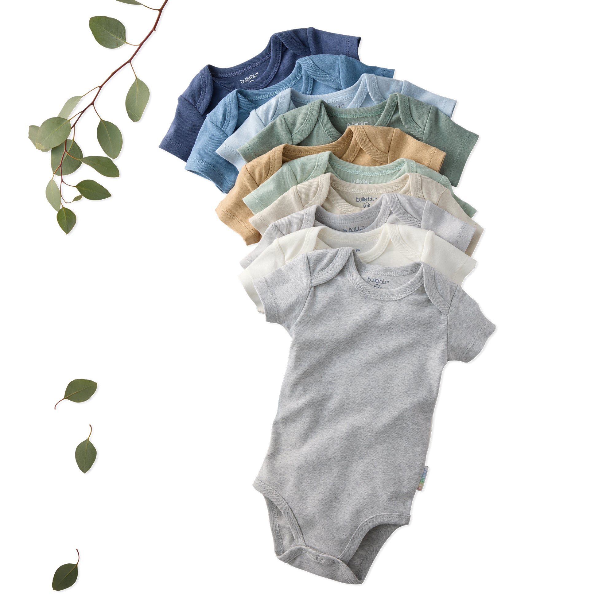 Row of baby bodysuits in various colors on a white background with green leaves.