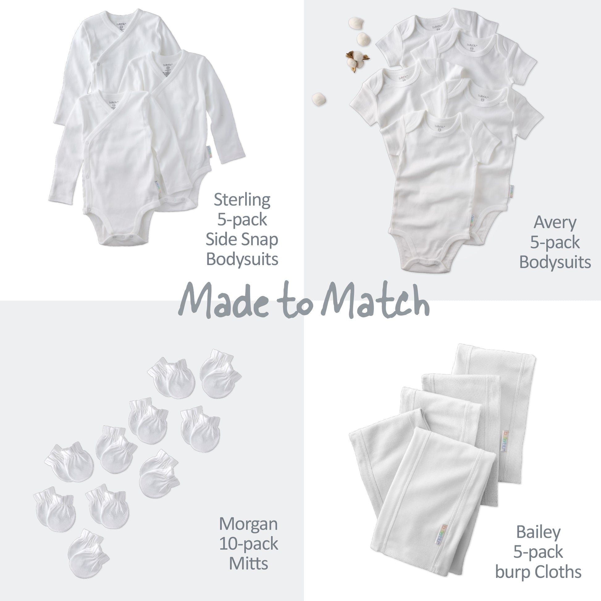 Collection of white baby clothing including bodysuits and pants on a white background.