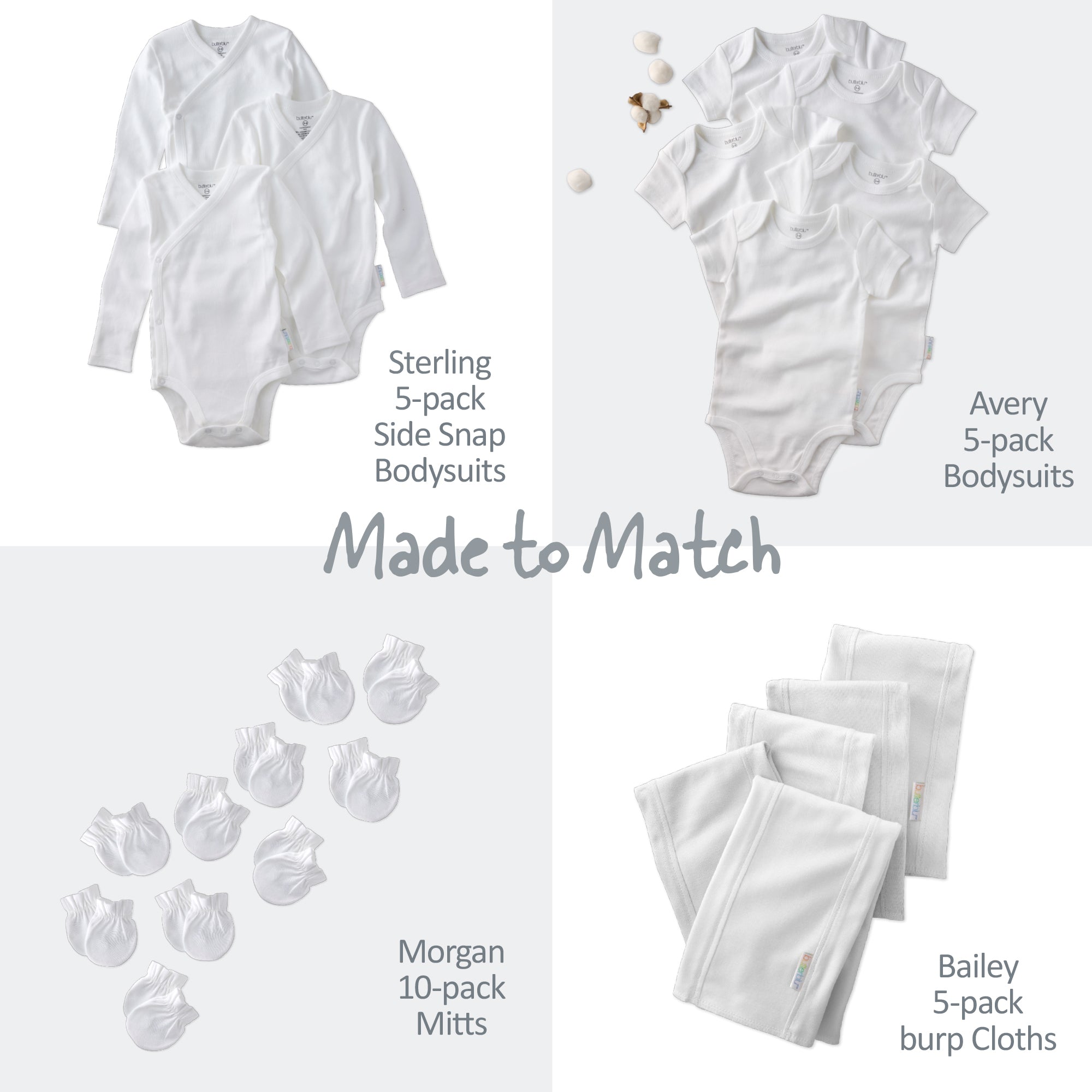Collection of white baby clothing including bodysuits and pants on a white background.