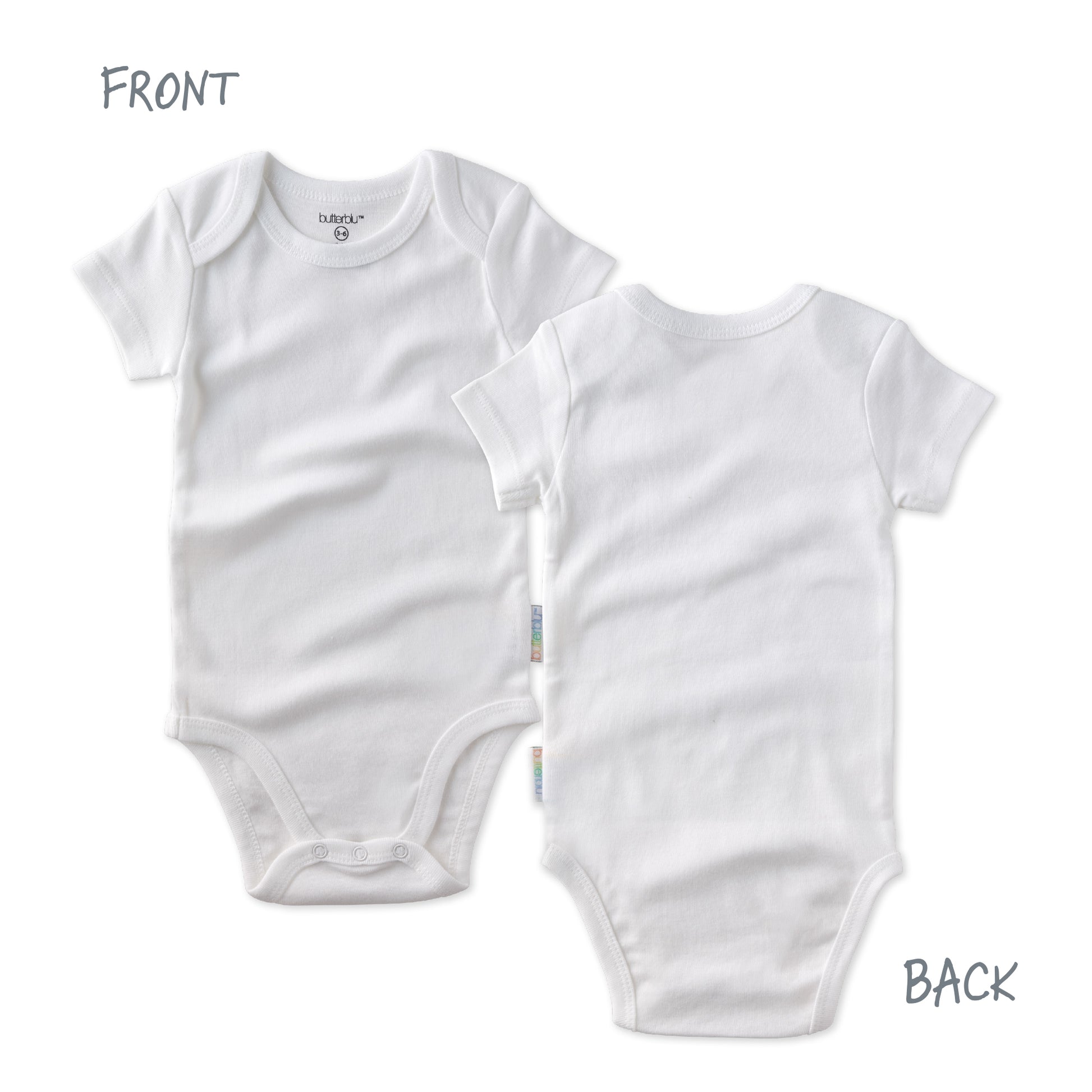 White baby bodysuit shown from front and back on a white background