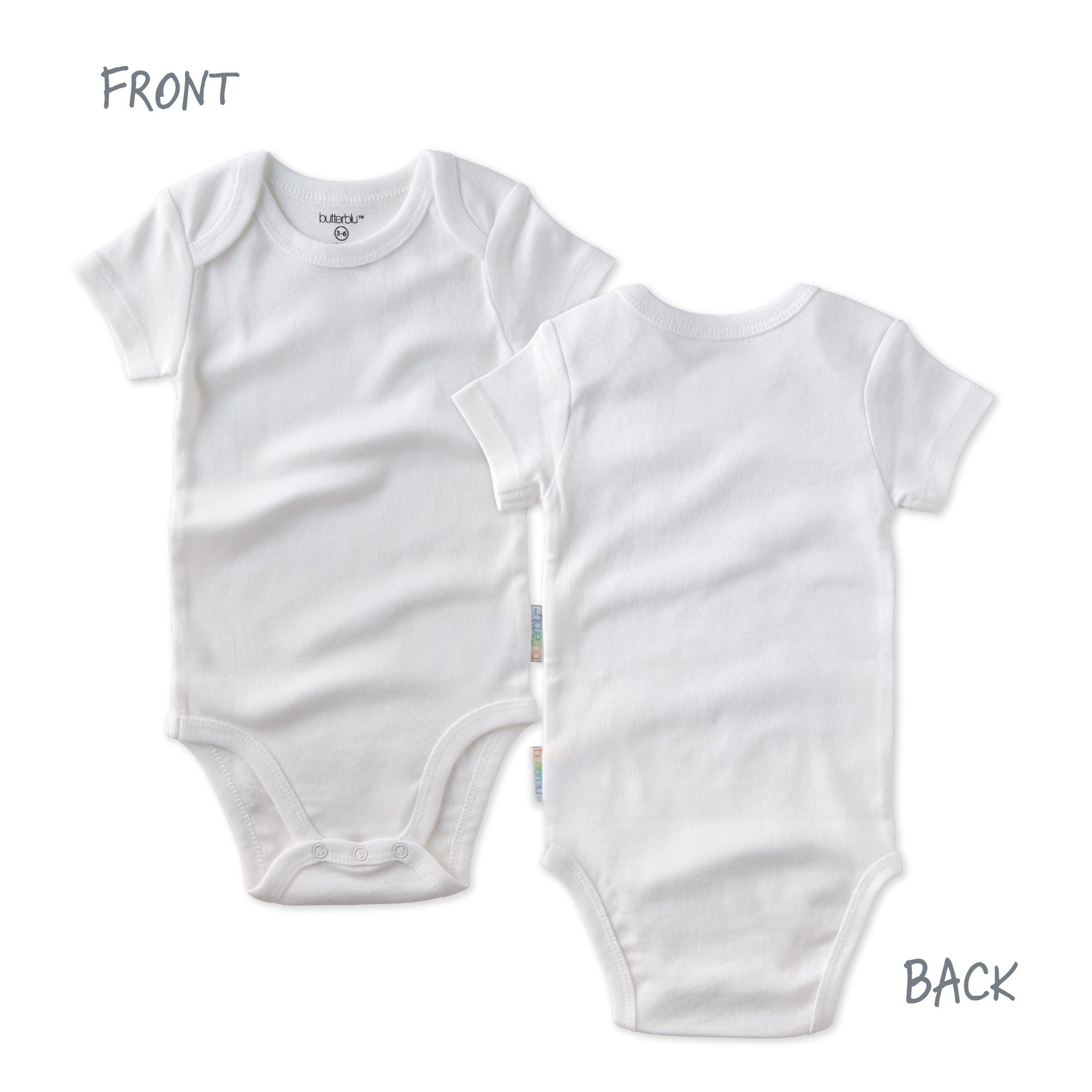 White baby bodysuit shown from front and back on a white background