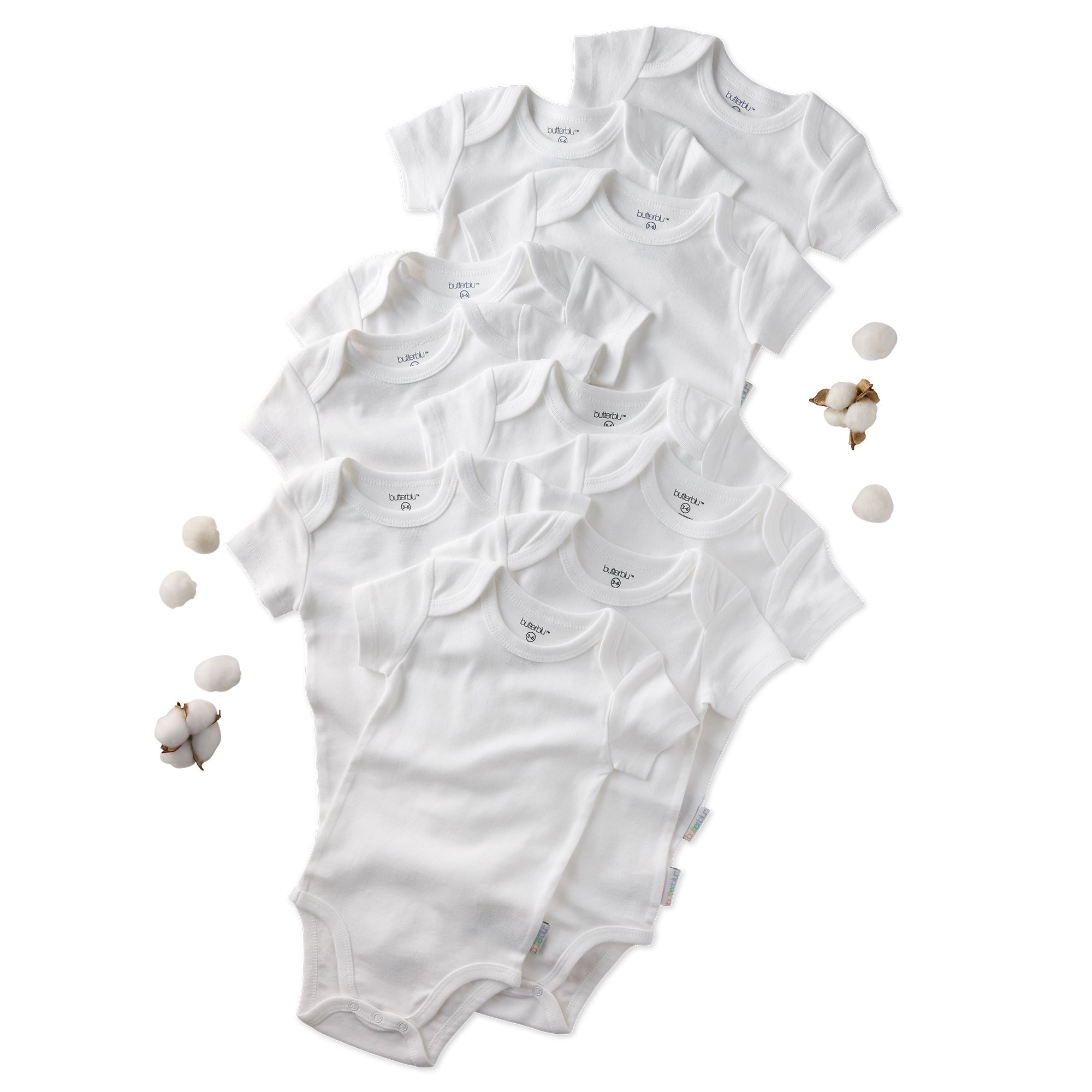 Multiple white baby bodysuits with brand name on a white background