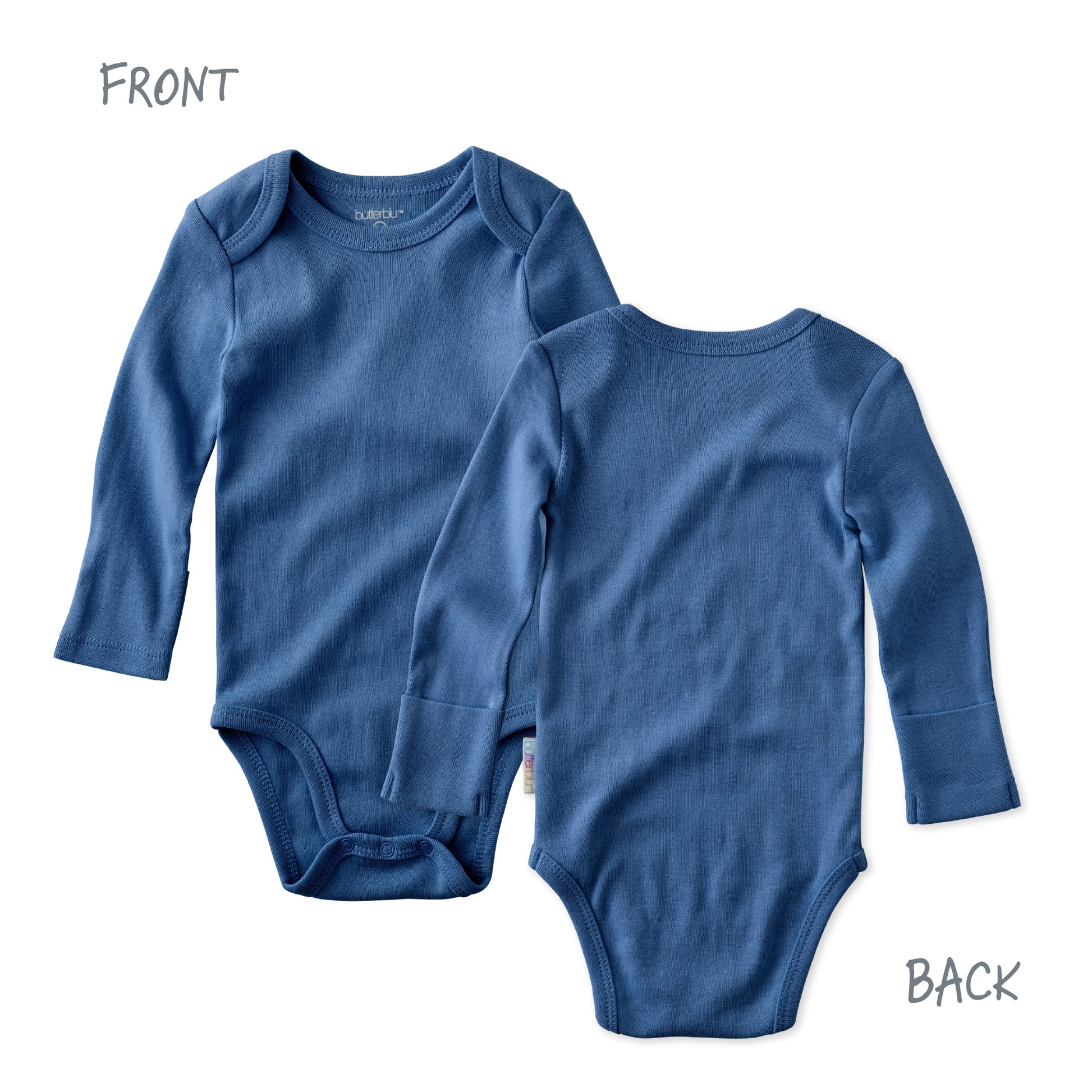 Blue baby onesie shown from front and back on a white background