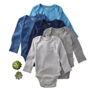 Set of baby bodysuits in blue, gray, and navy on a white background