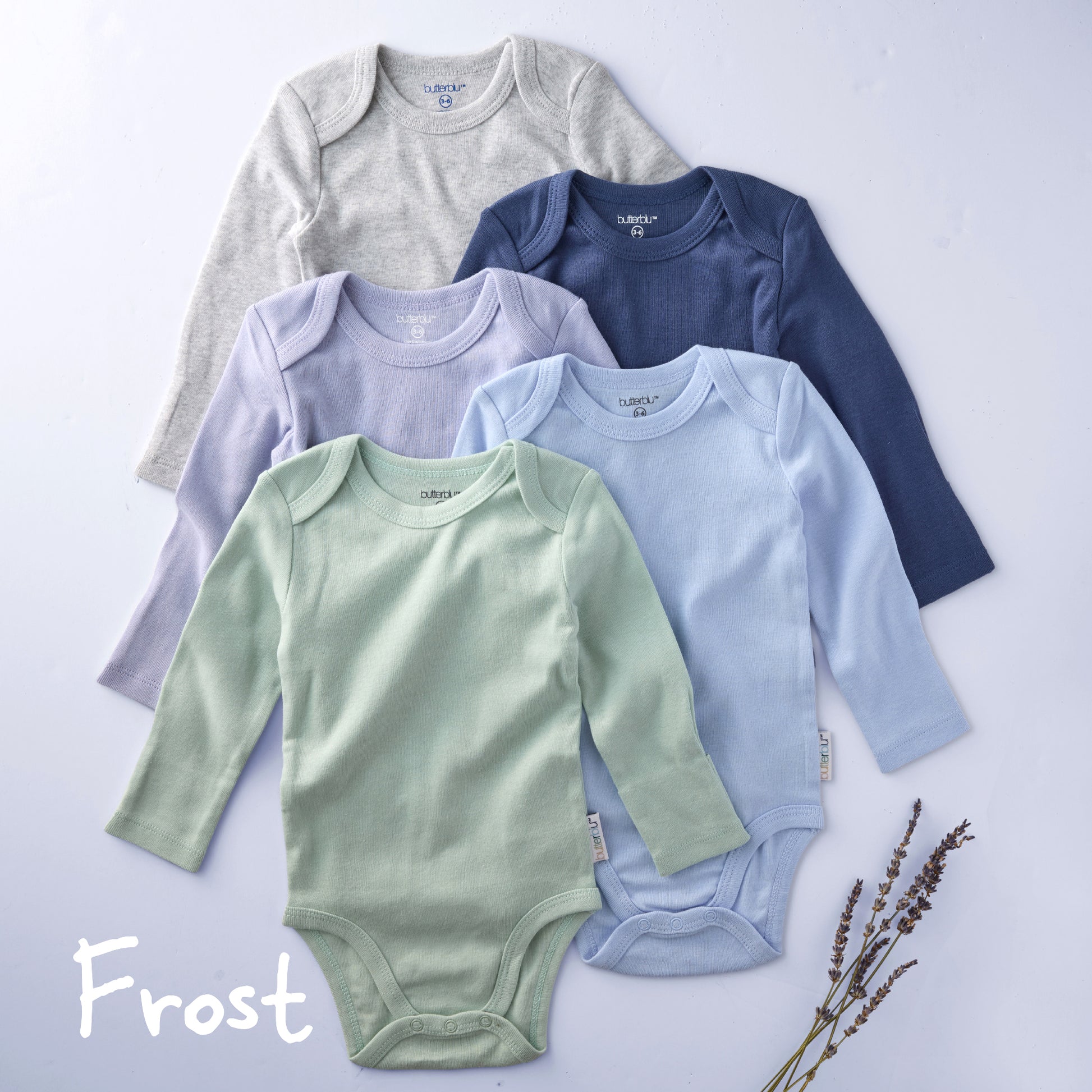 Set of five baby bodysuits in various colors on a light gray background with 'Frost' text.