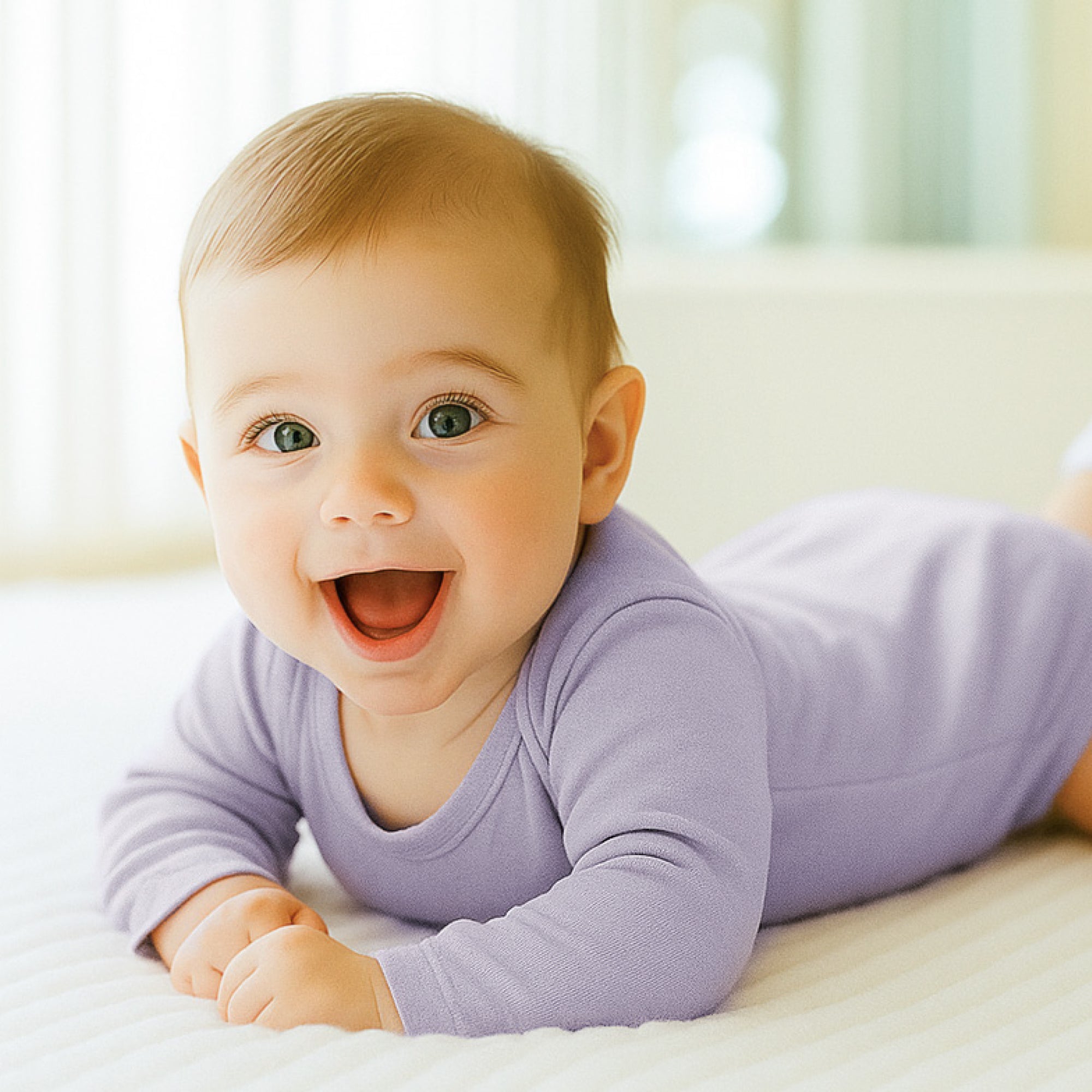 Baby in a purple onesie lying on a light surface with a blurred background