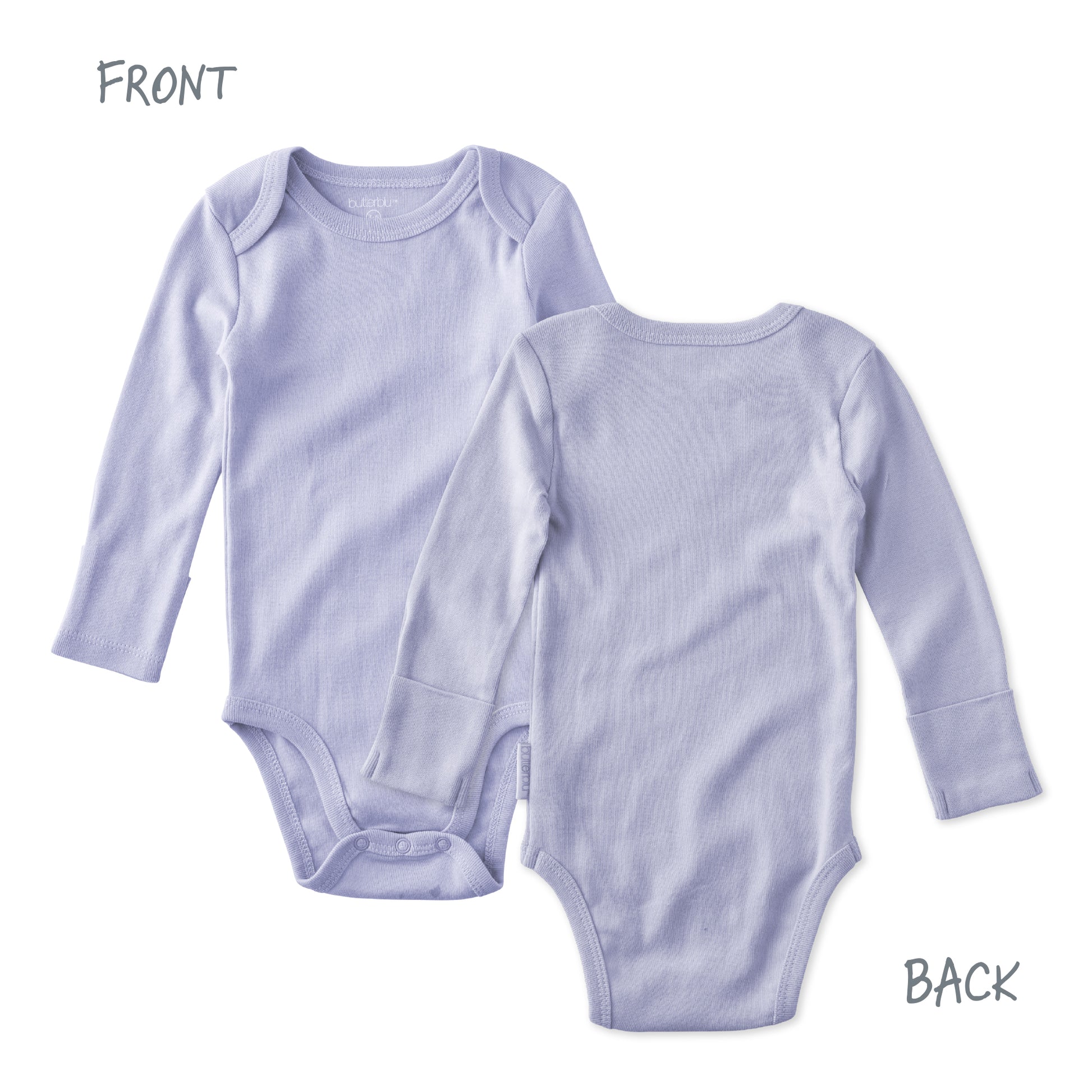 Light purple baby bodysuit shown from front and back on a white background