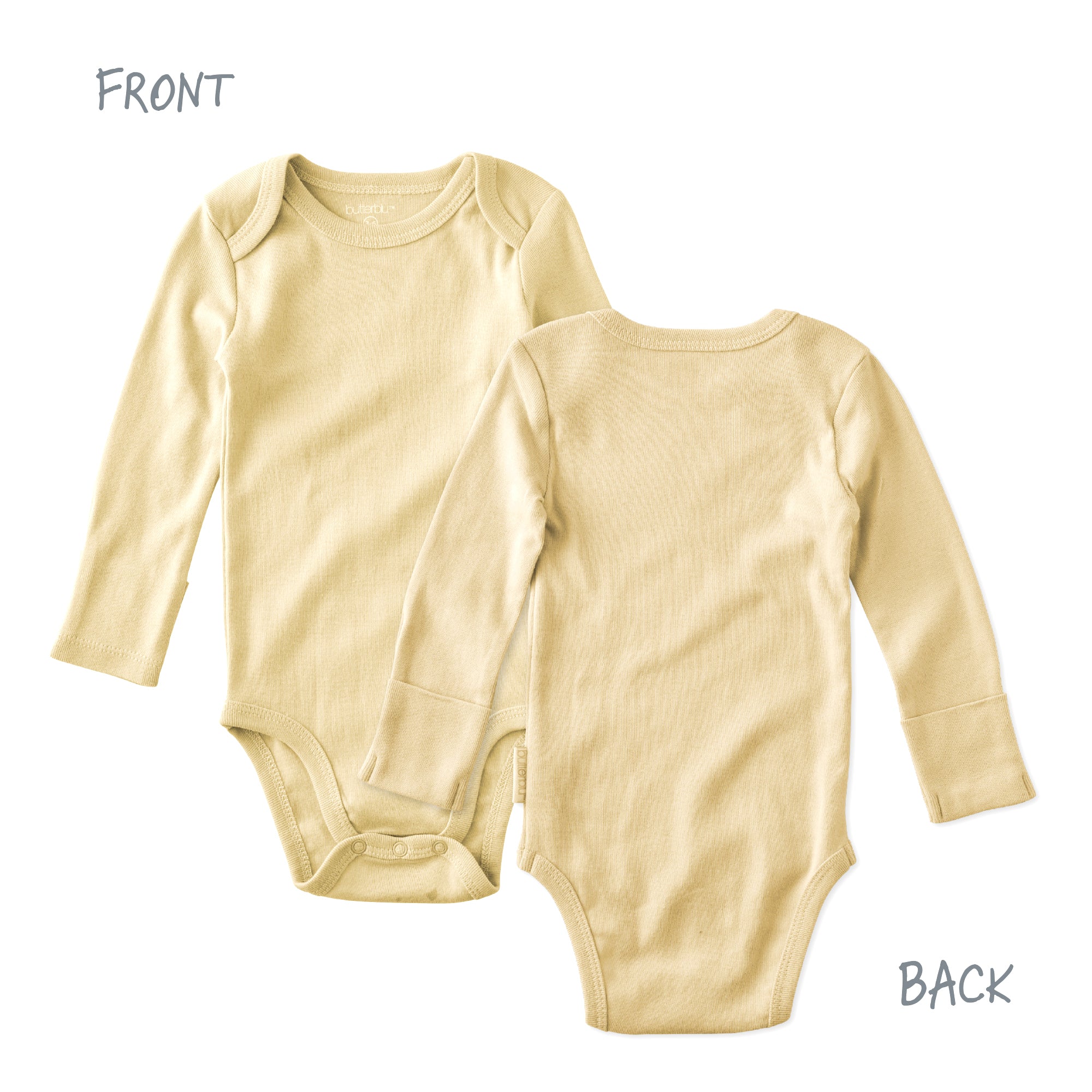 Beige baby bodysuit shown from front and back on a white background