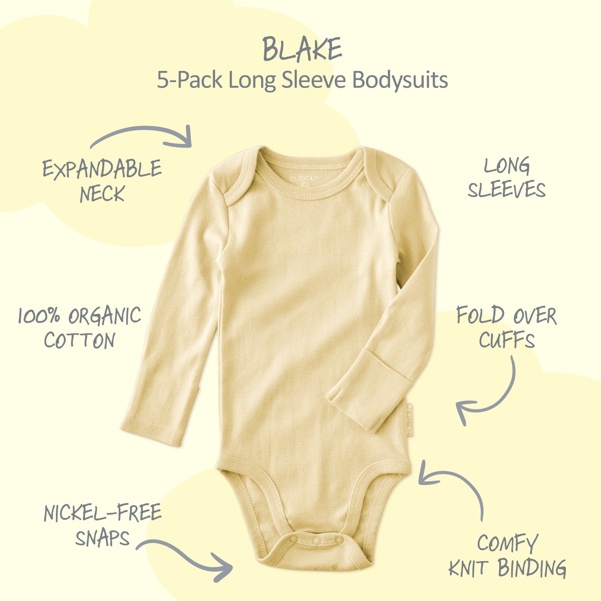 Beige baby bodysuit with features labeled on a yellow background
