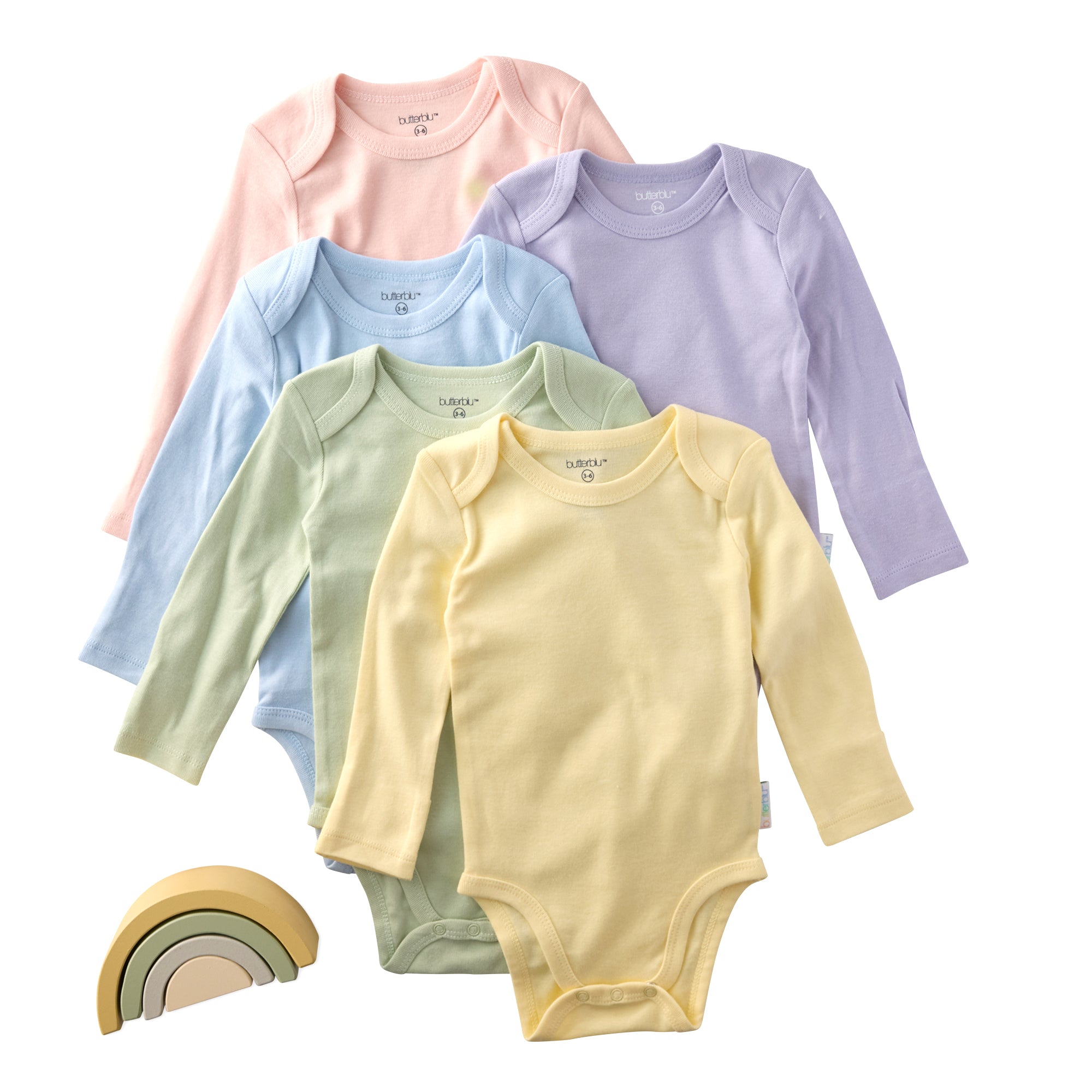 Set of five baby bodysuits in different colors on a white background