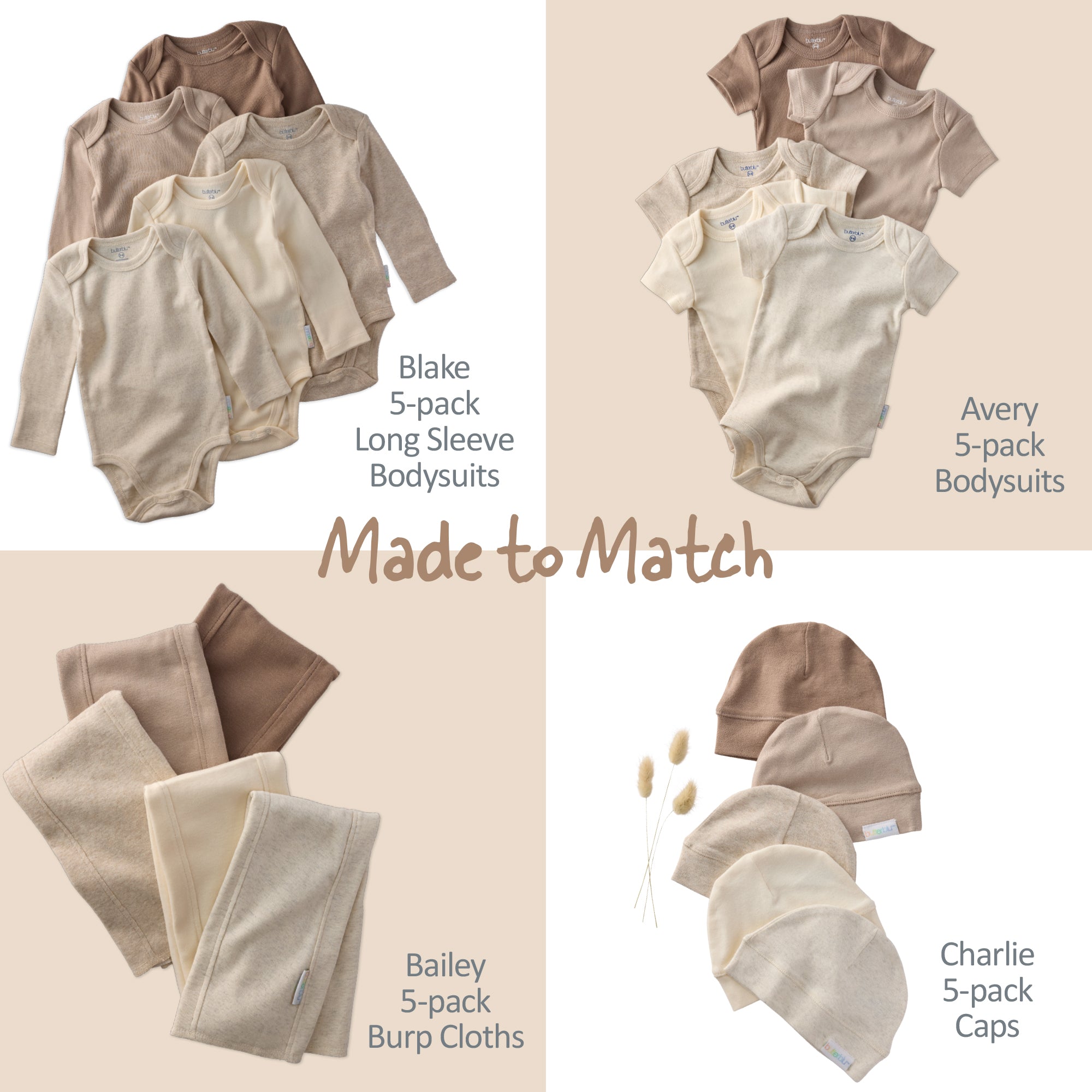 Baby clothing set including long sleeve bodysuits, burp cloths, and caps on a beige background.