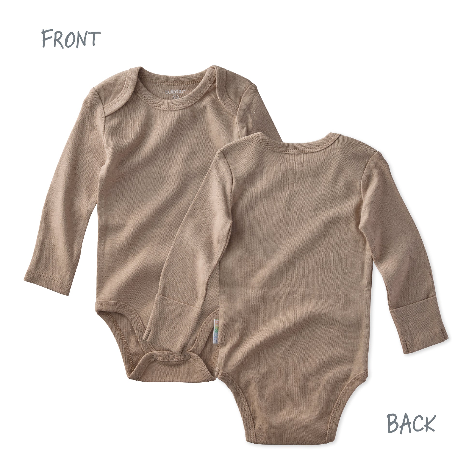 Brown baby bodysuit shown from front and back on a white background