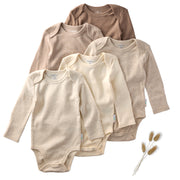 Set of five baby bodysuits in various neutral colors on a white background with decorative elements.