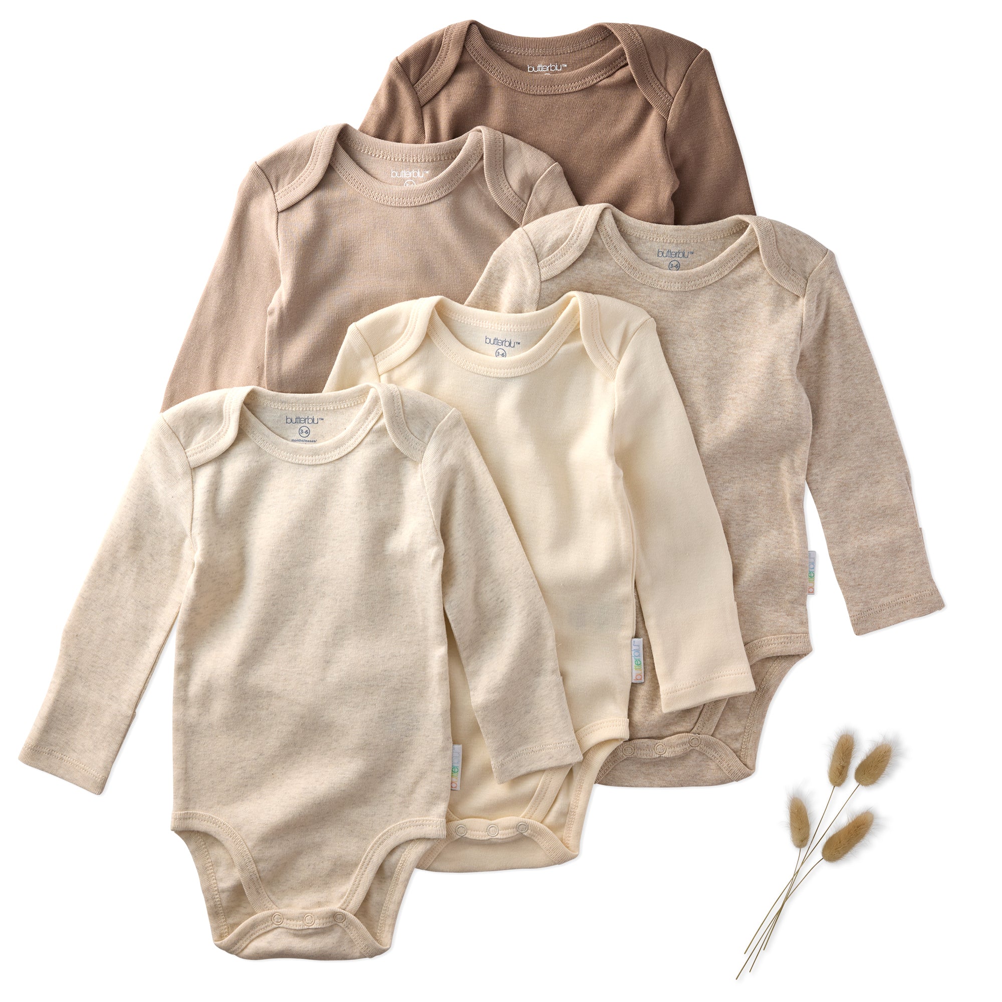 Set of five baby bodysuits in various neutral colors on a white background with decorative elements.