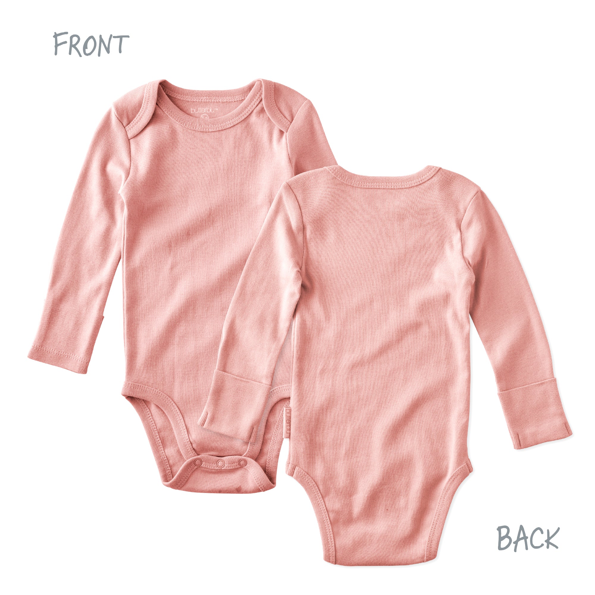 Pink baby onesie shown from front and back on a white background
