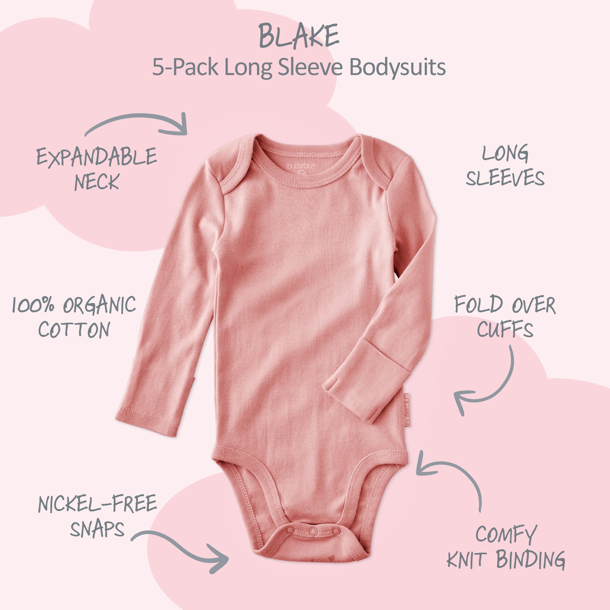 Pink baby bodysuit with features highlighted on a pink background