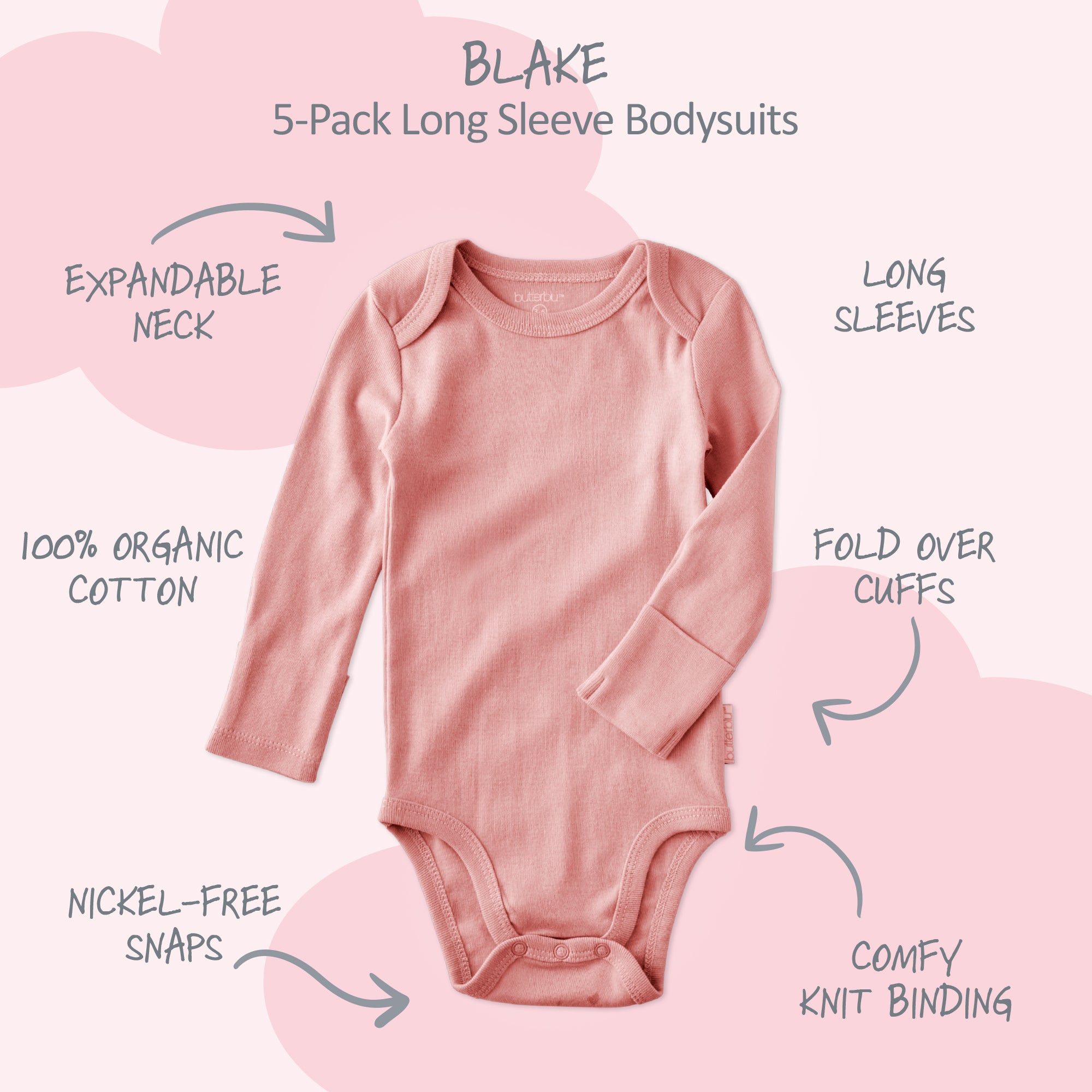 Pink baby bodysuit with features highlighted on a pink background
