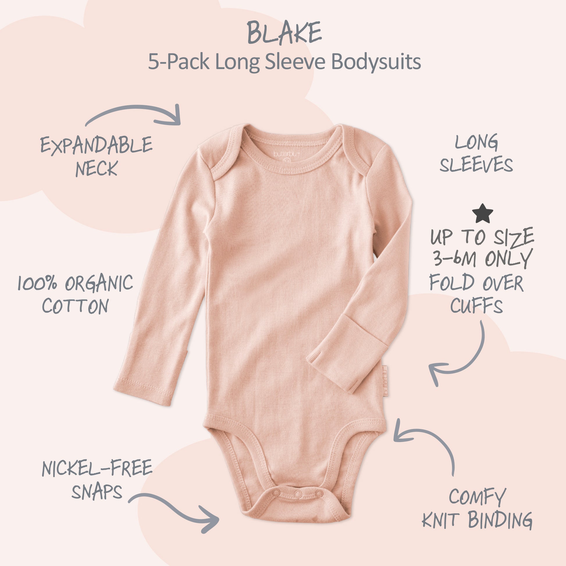 Blake long sleeve body suits surrounded by product descriptions