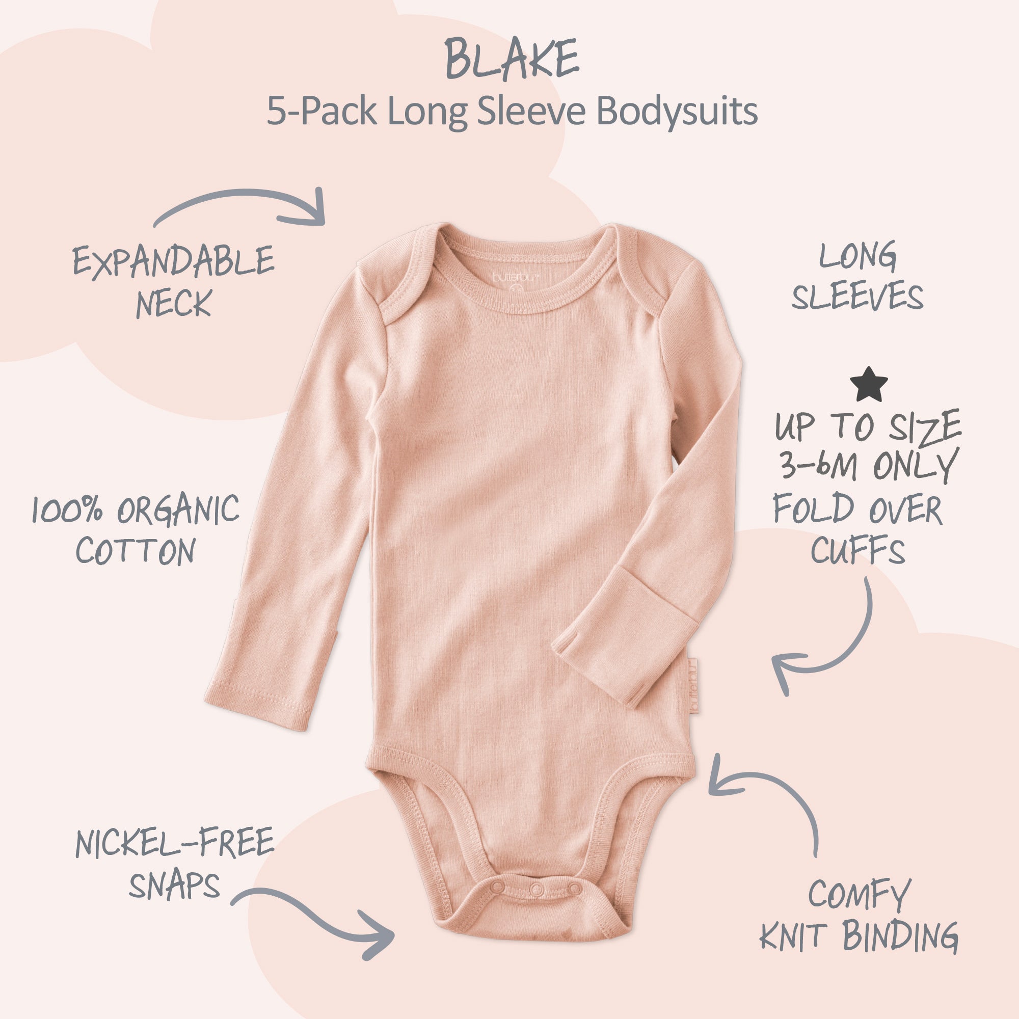 Blake long sleeve body suits surrounded by product descriptions