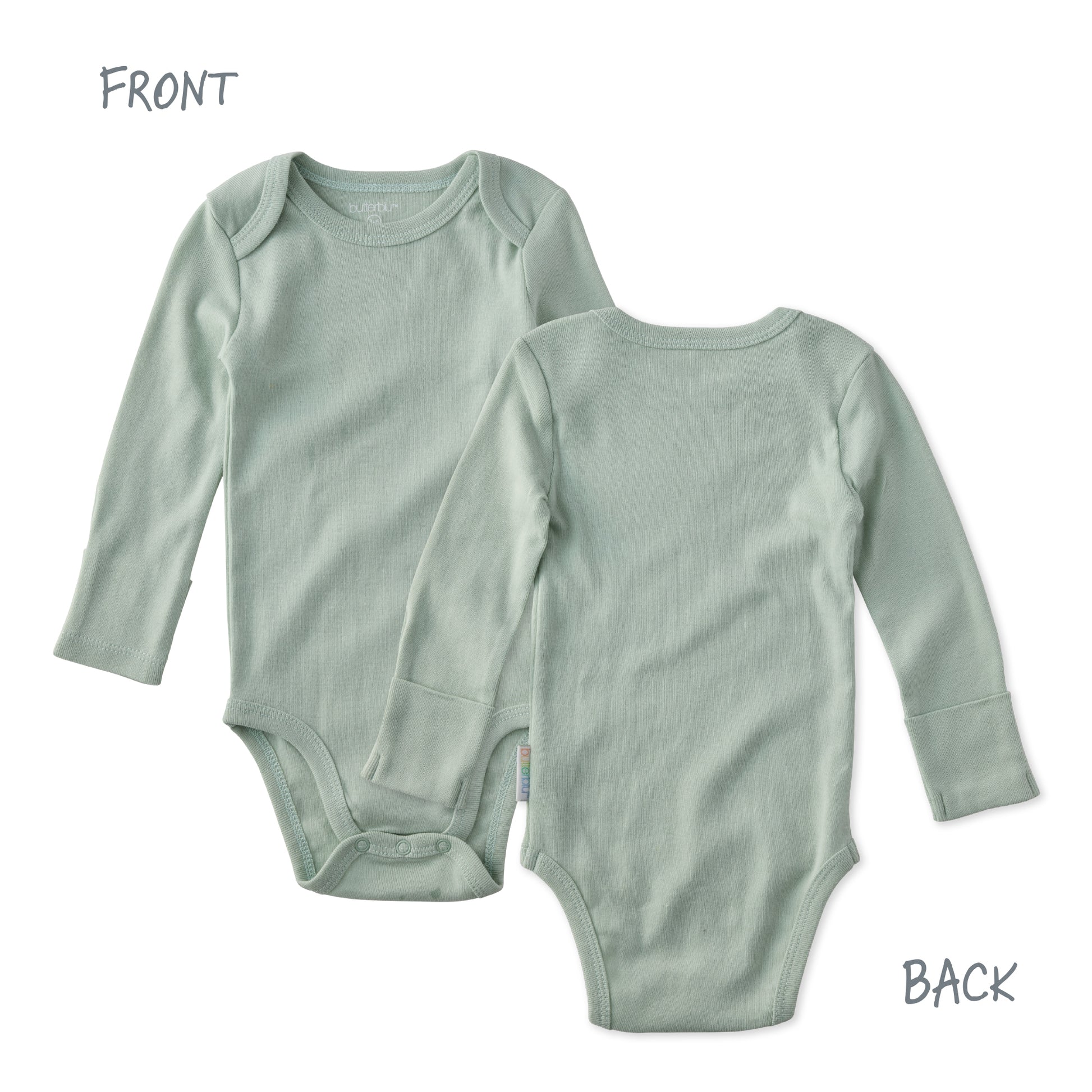 Green baby bodysuit shown from front and back on a white background