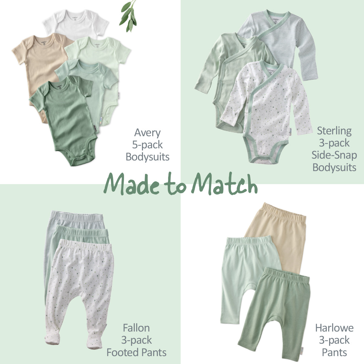 Butterblu Blake 5-pack long sleeve baby bodysuits in Sage — GOTS-certified organic cotton long-sleeve onesies