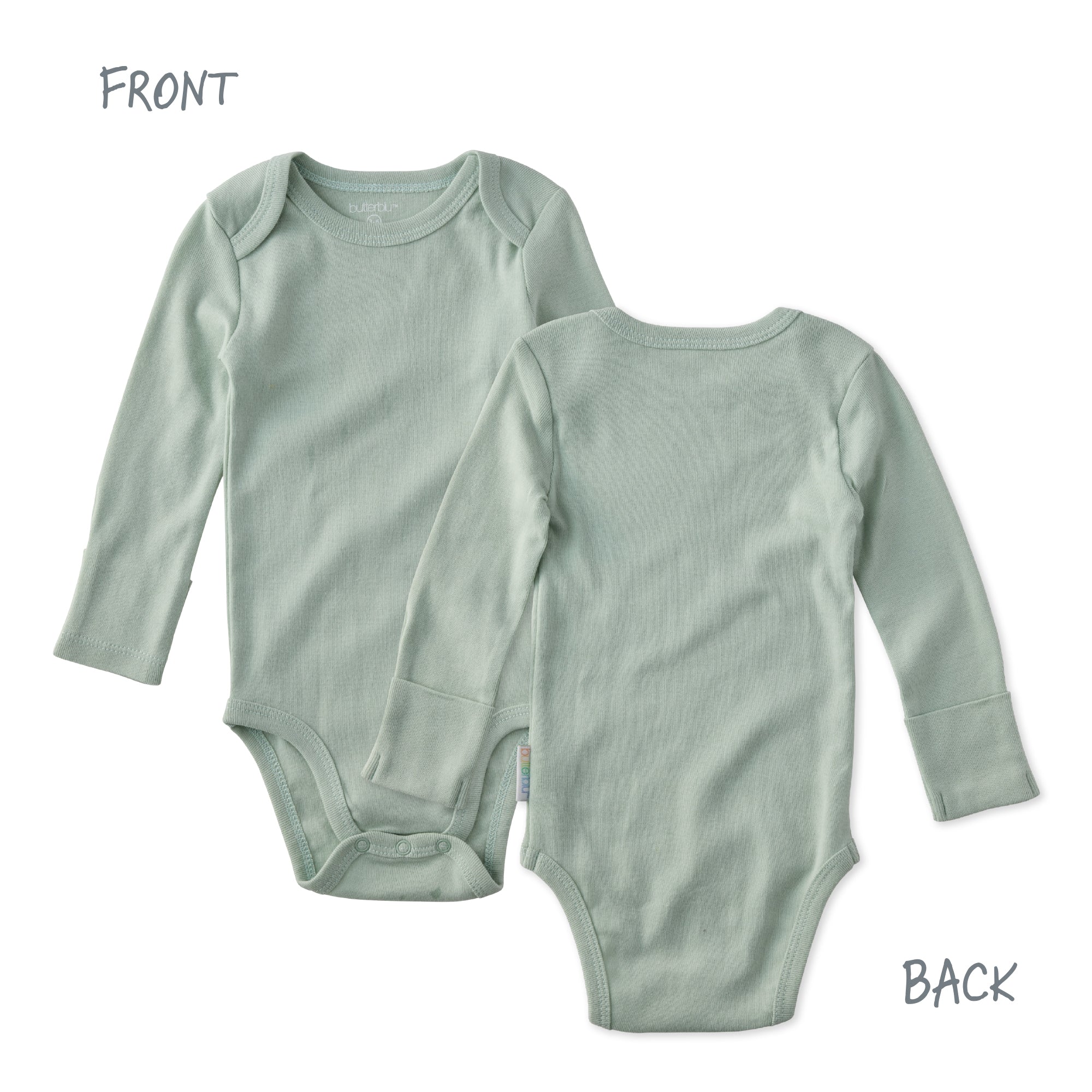 Butterblu Blake 5-pack long sleeve baby bodysuits in Sage — GOTS-certified organic cotton long-sleeve onesies