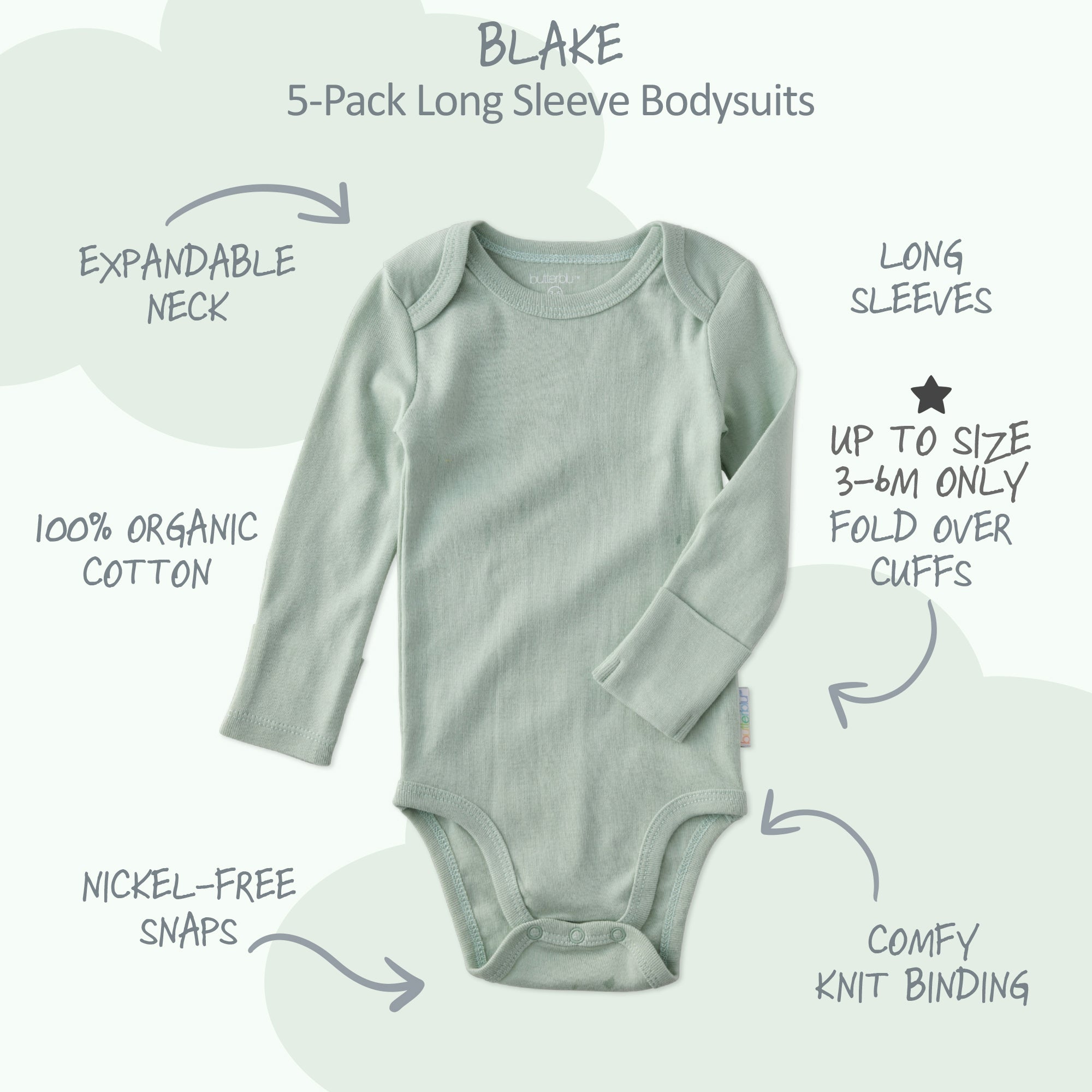 Butterblu Blake 5-pack long sleeve baby bodysuits in Sage — GOTS-certified organic cotton long-sleeve onesies