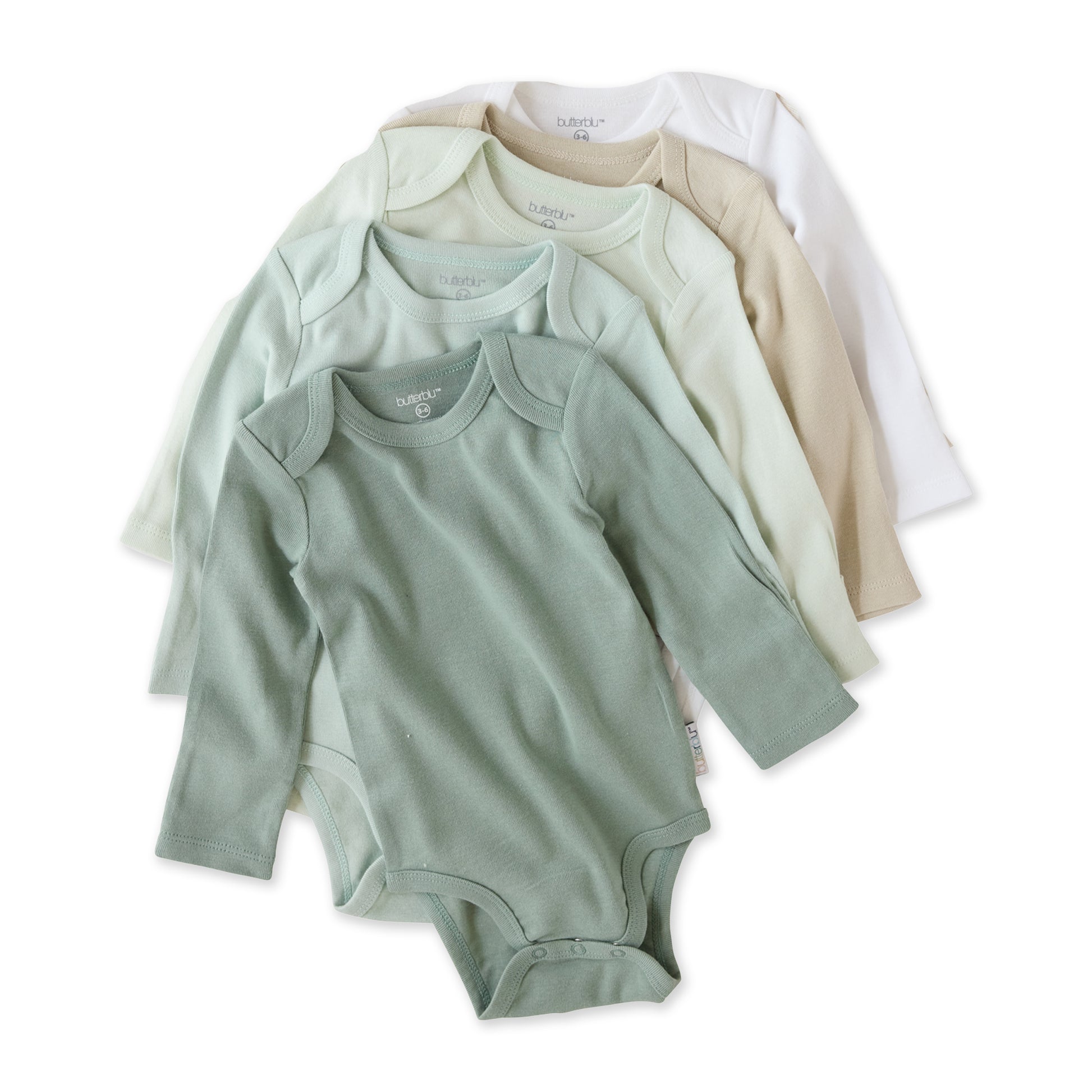 Butterblu Blake 5-pack long sleeve baby bodysuits in Sage — GOTS-certified organic cotton long-sleeve onesies