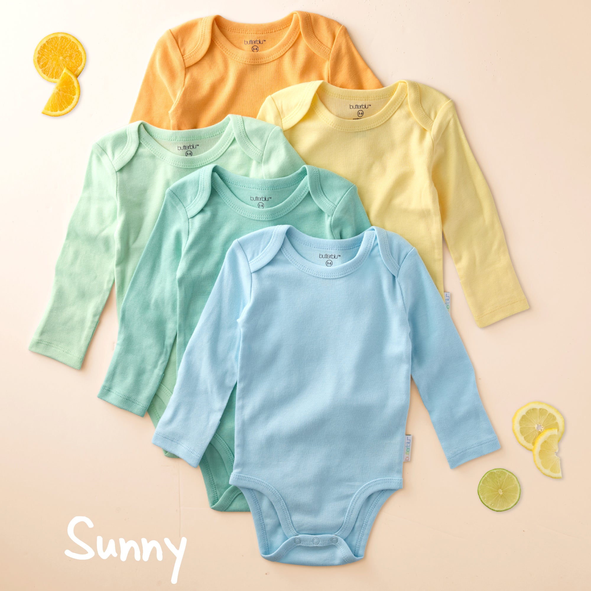 Five colorful baby bodysuits on a light pink background with 'Sunny' text.